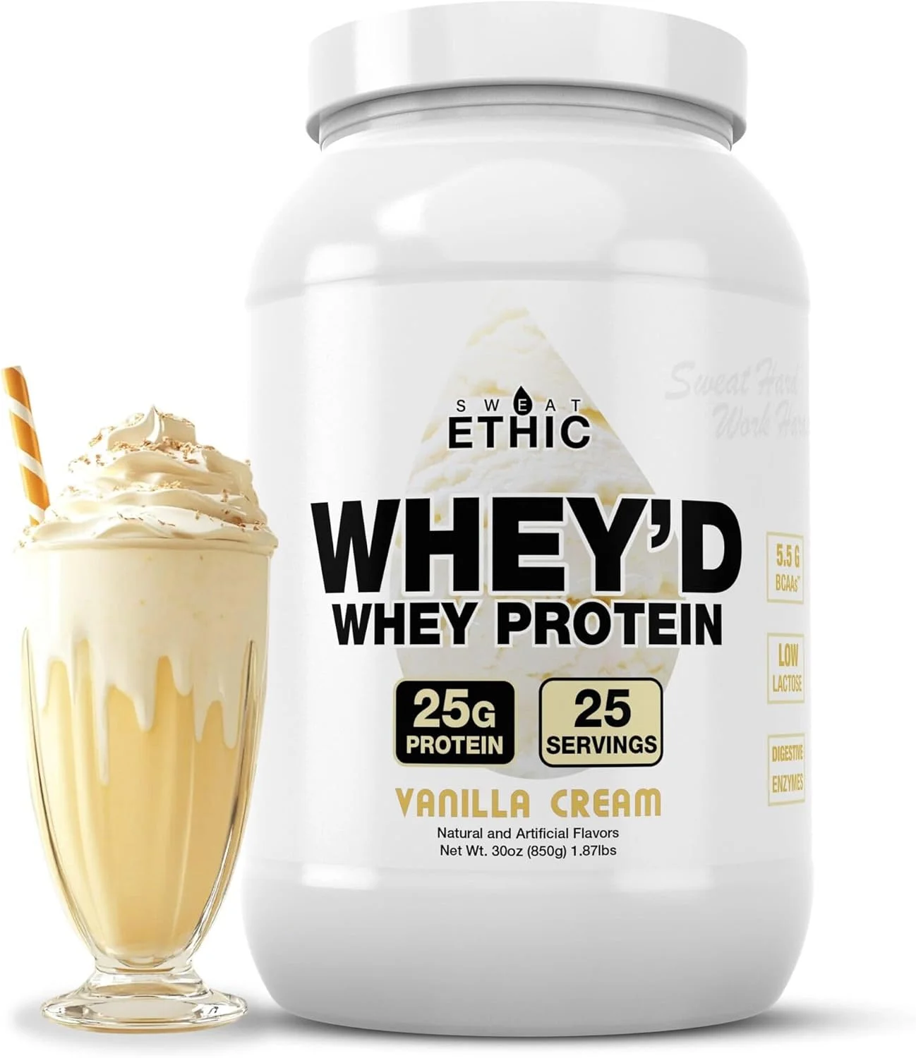 پودر پروتئین وی Whey'd Sweat Ethic، ترکیب 25 گرمی پروتئین وی با کنسانتره، ایزوله و هیدرولیزات، لاکتوز کم و آنزیم های گوارشی برای مخلوط شدن آسان و بافت صاف، طعم کرم وانیلی، 25 سروینگ