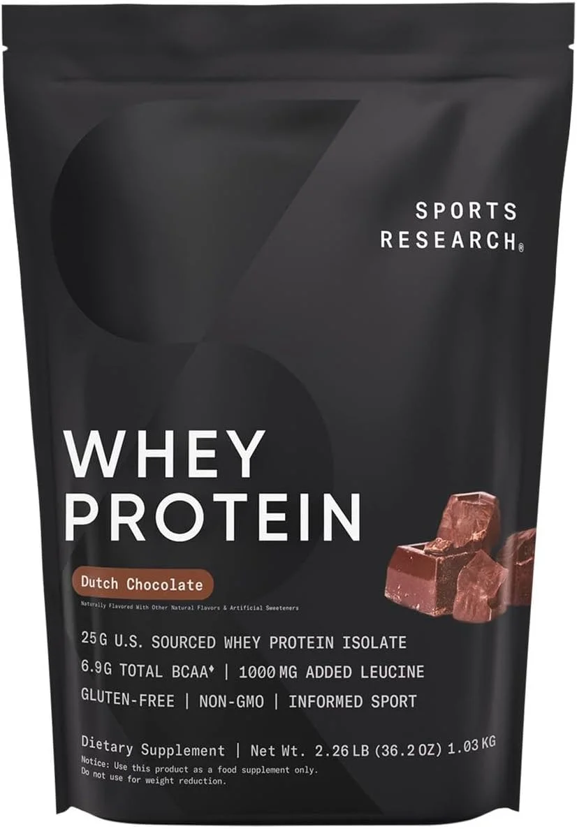 پروتئین وی ایزوله Sports Research - پودر پروتئین تغذیه ورزشی 25 گرم در هر پیمانه - کیسه 2 پوندی پروتئین وی - پودر پروتئین فله ای شکلات هلندی، 25 سروینگ