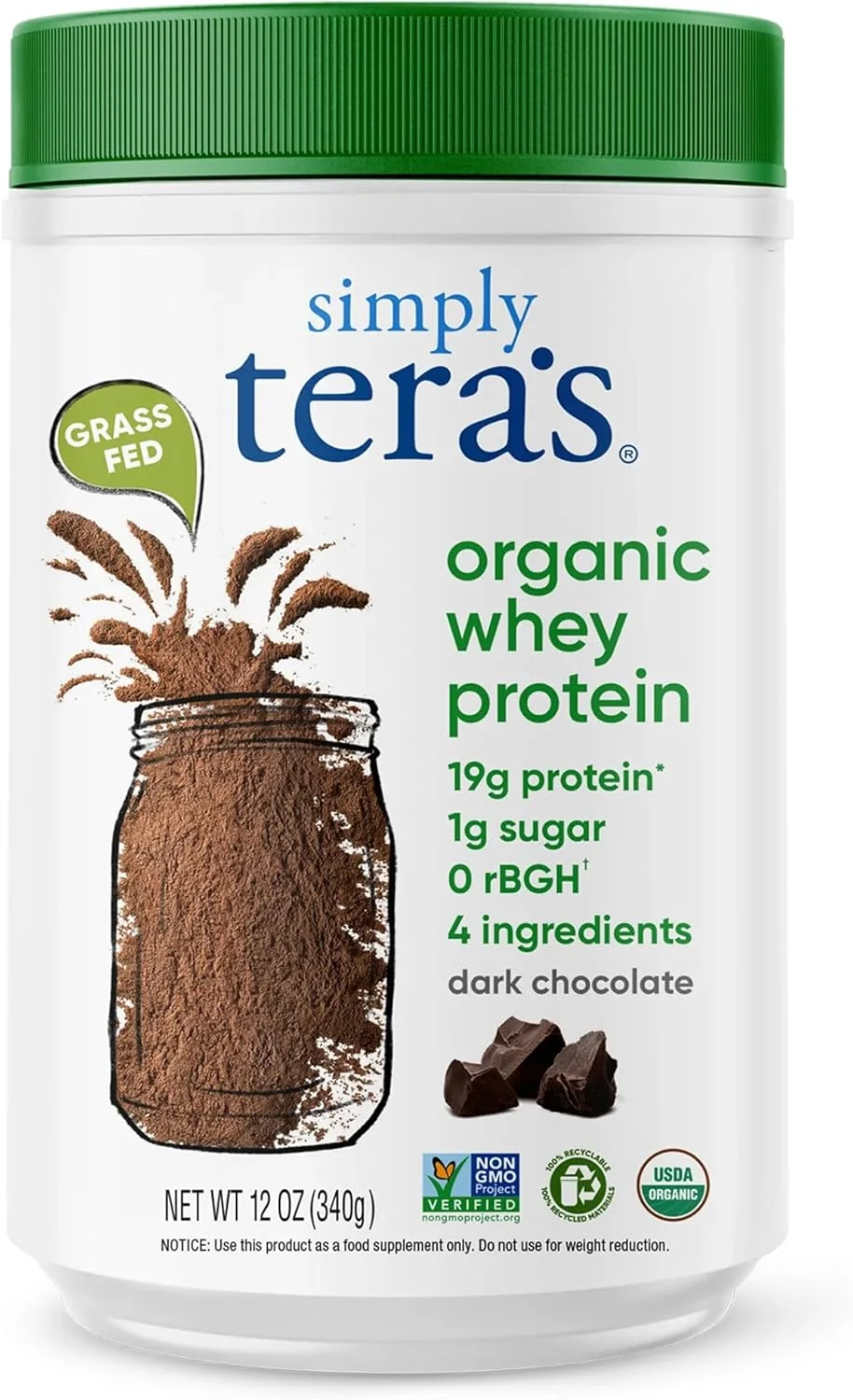 پروتئین وی ارگانیک Tera's Whey، شکلات تلخ، 340 گرم