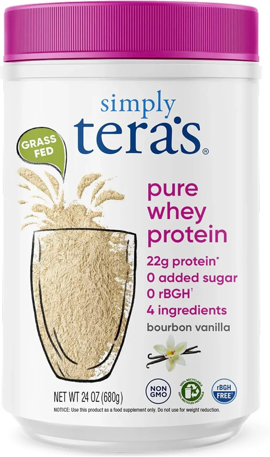پودر پروتئین وی خالص Simply Tera's - پودر پروتئین وی وانیلی، پودر پروتئین تمیز و تغذیه شده با علف، بدون شیرین کننده های مصنوعی، غیر GMO، کوشر، بدون rBGH، بدون سویا - وانیل بوربن، 24 اونس