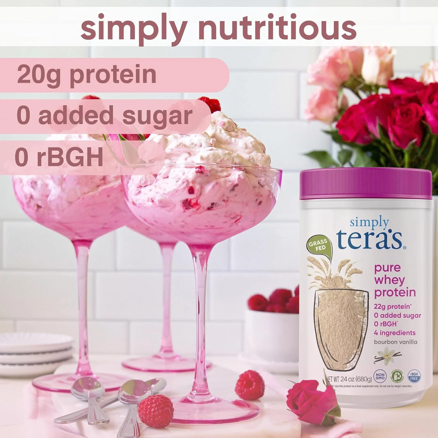 پودر پروتئین وی خالص Simply Tera's - پودر پروتئین وی وانیلی، پودر پروتئین تمیز و تغذیه شده با علف، بدون شیرین کننده های مصنوعی، غیر GMO، کوشر، بدون rBGH، بدون سویا - وانیل بوربن، 24 اونس