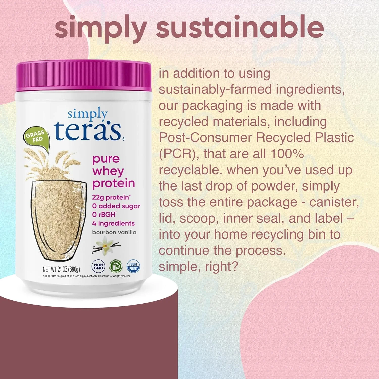 پودر پروتئین وی خالص Simply Tera's - پودر پروتئین وی وانیلی، پودر پروتئین تمیز و تغذیه شده با علف، بدون شیرین کننده های مصنوعی، غیر GMO، کوشر، بدون rBGH، بدون سویا - وانیل بوربن، 24 اونس