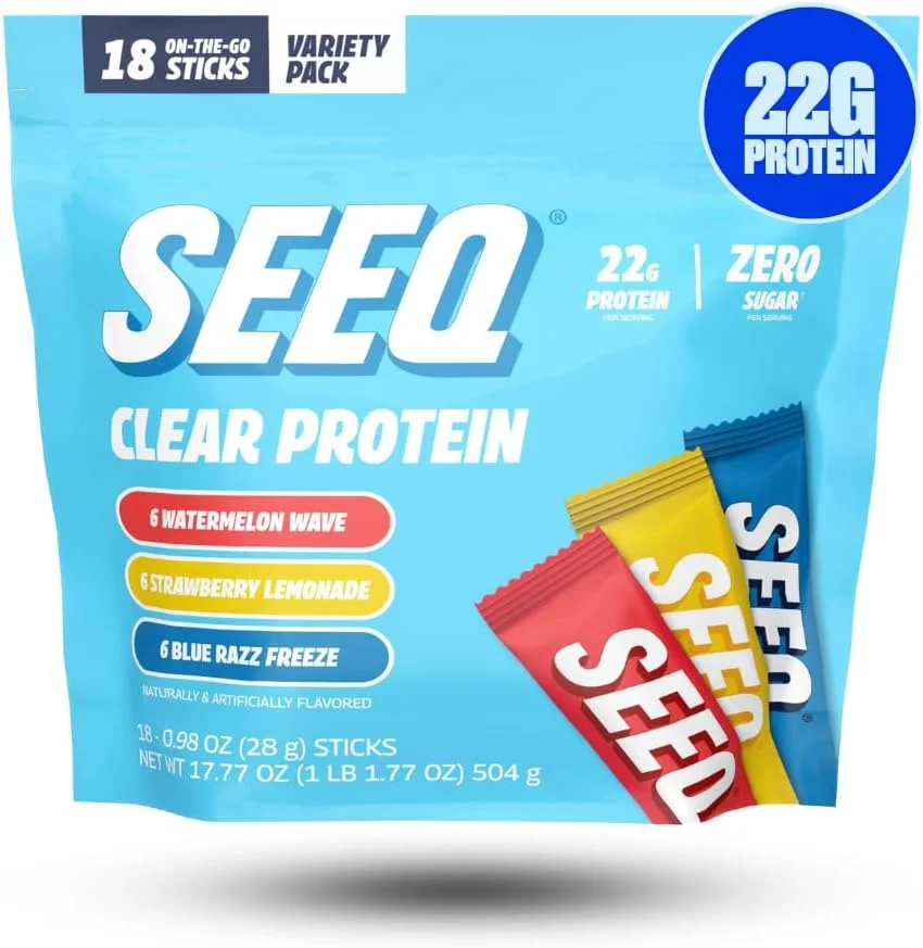 پک نمونه پودر پروتئین شفاف SEEQ - 18 استیک آماده مصرف - 22 گرم پروتئین وی ایزوله شفاف - بدون شکر - 0 گرم لاکتوز - سازگار با آلرژی - پشتیبانی از GLP1 - سلامت استخوان - ریکاوری بعد از تمرین
