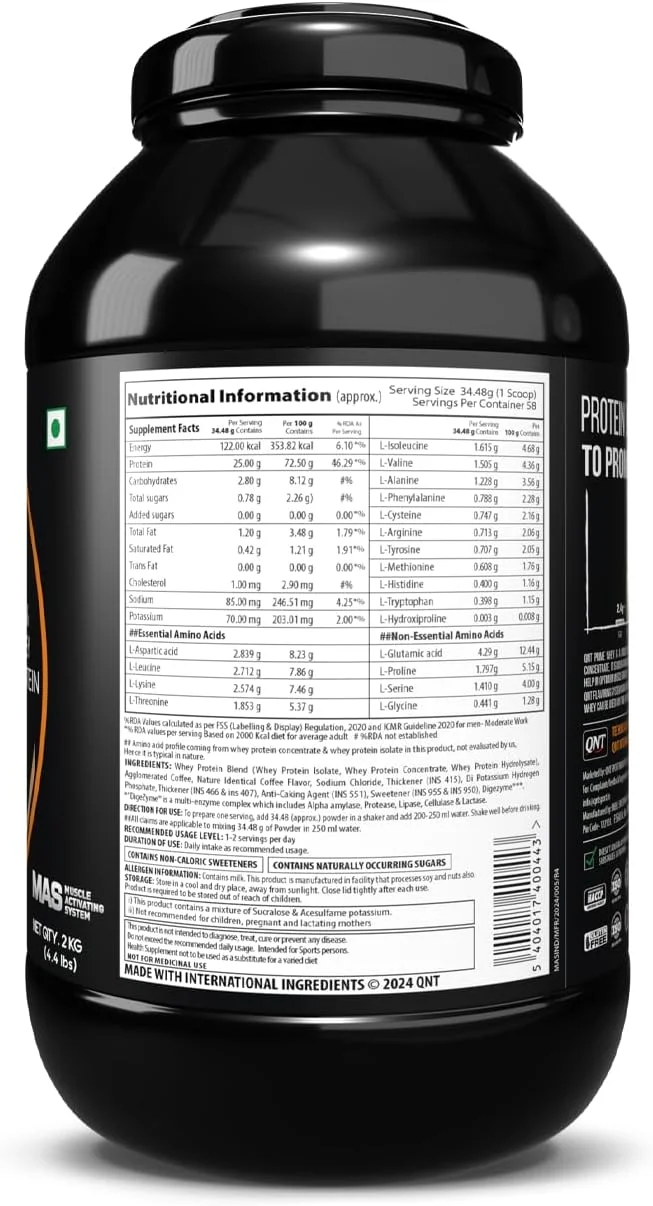 کیو ان تی پرایم وی، 100% پروتئین وی با وی ایزوله، 2 کیلوگرم، طعم قهوه، 62 سروینگ (75% پروتئین، 10.8 گرم BCAA، بدون شکر)