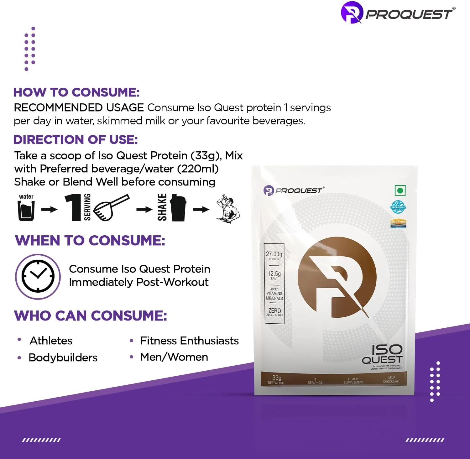 پروتئین وی ایزوله ProQuest Iso Quest (شکلات شیری، 33 گرم / ساشه تک نفره) | 27 گرم پروتئین در هر پیمانه | کم چرب و 12.5 گرم EAA | تست شده در آزمایشگاه و به راحتی قابل هضم | پشتیبانی و ریکاوری سریعتر عضلات پروتئین وی ایزوله ProQuest Iso Quest (شکلات شیری، 33 گرم / ساشه تک نفره) | 27 گرم پروتئین در هر پیمانه | کم چرب و 12.5 گرم EAA | تست شده در آزمایشگاه و به راحتی قابل هضم | پشتیبانی و ریکاوری سریعتر عضلات