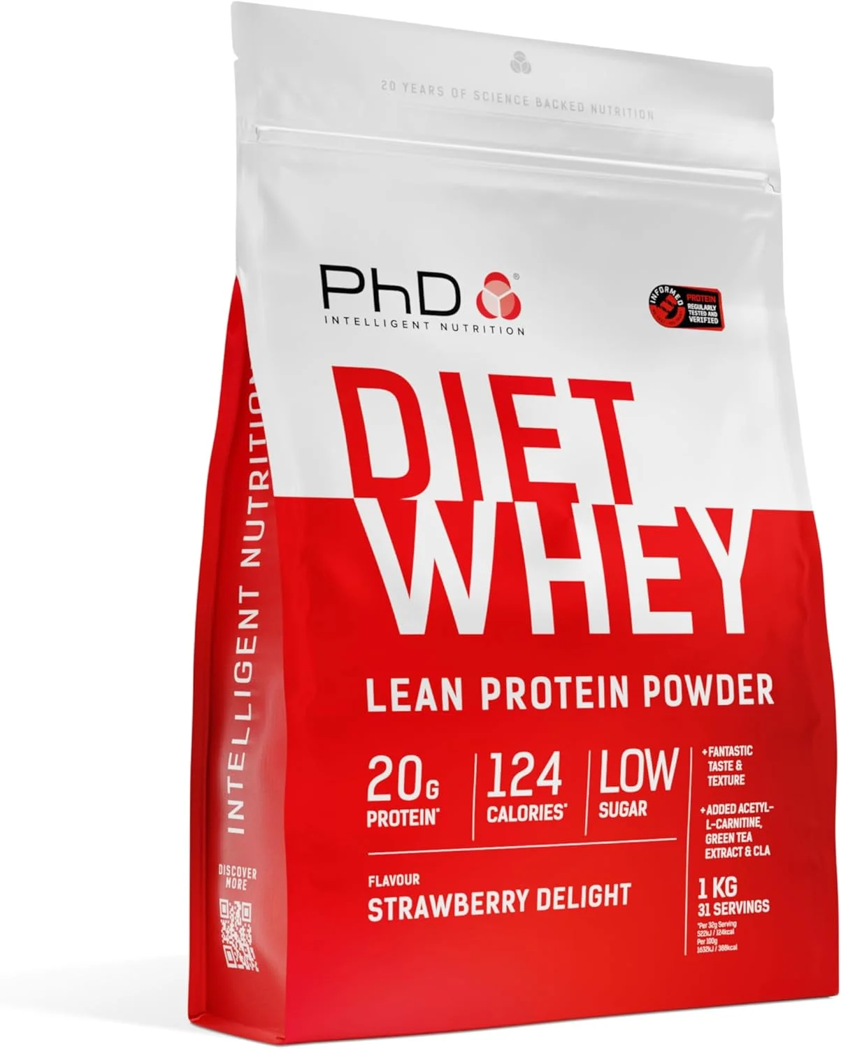پودر پروتئین کم کالری دایت وی PhD Nutrition، کم کربوهیدرات، ماتریکس پروتئین بالا، پودر پروتئین دایت وی با طعم توت فرنگی، پروتئین بالا، 40 سروینگ در هر کیسه 1 کیلوگرمی