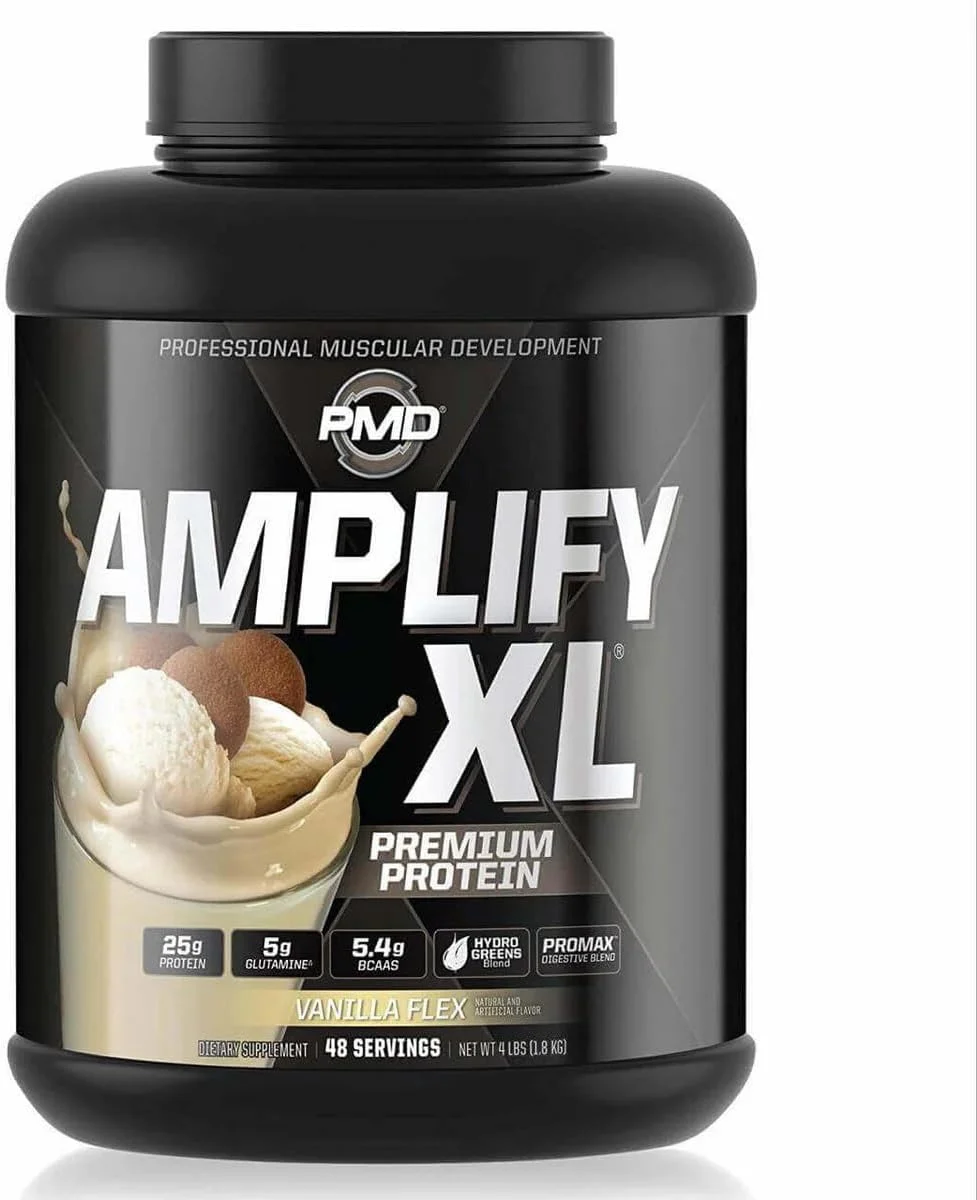 مکمل پروتئین وی ممتاز PMD Sports Amplify XL با ترکیب سبزیجات هیدرو - ماتریس گلوتامین و پروتئین وی با سوپرفود برای عضله سازی، قدرت و ریکاوری - وانیل فلکس (48 سروینگ)