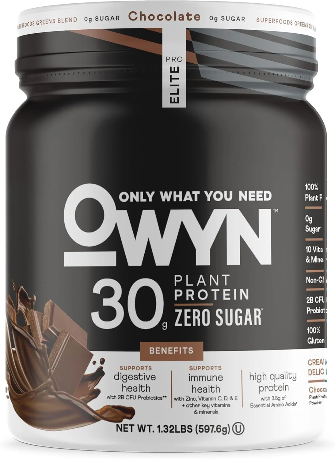 پودر پروتئین نخبه حرفه ای OWYN Only What You Need، 30 گرم پروتئین وگان برای ریکاوری بعد از تمرین، طعم صاف و خوشمزه، بدون شکر، کربوهیدرات خالص کم، شکلاتی، 12 سروینگ (1.32 پوند)
