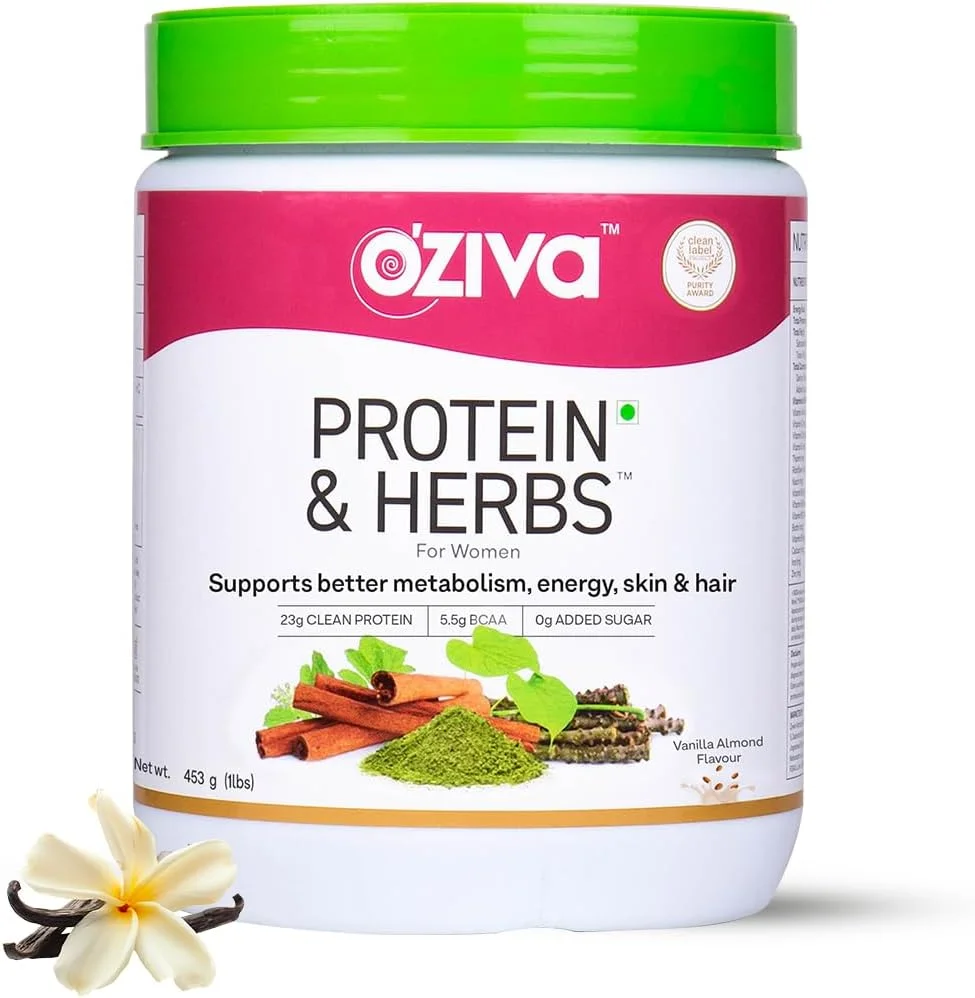 پروتئین و گیاهان OZiva برای زنان، وانیل بادام، 500 گرم پودر پروتئین طبیعی برای کنترل وزن، متابولیسم بهتر و تعادل هورمونی، 23 گرم پروتئین وی، گیاهان آیورودا، دارای گواهی Clean