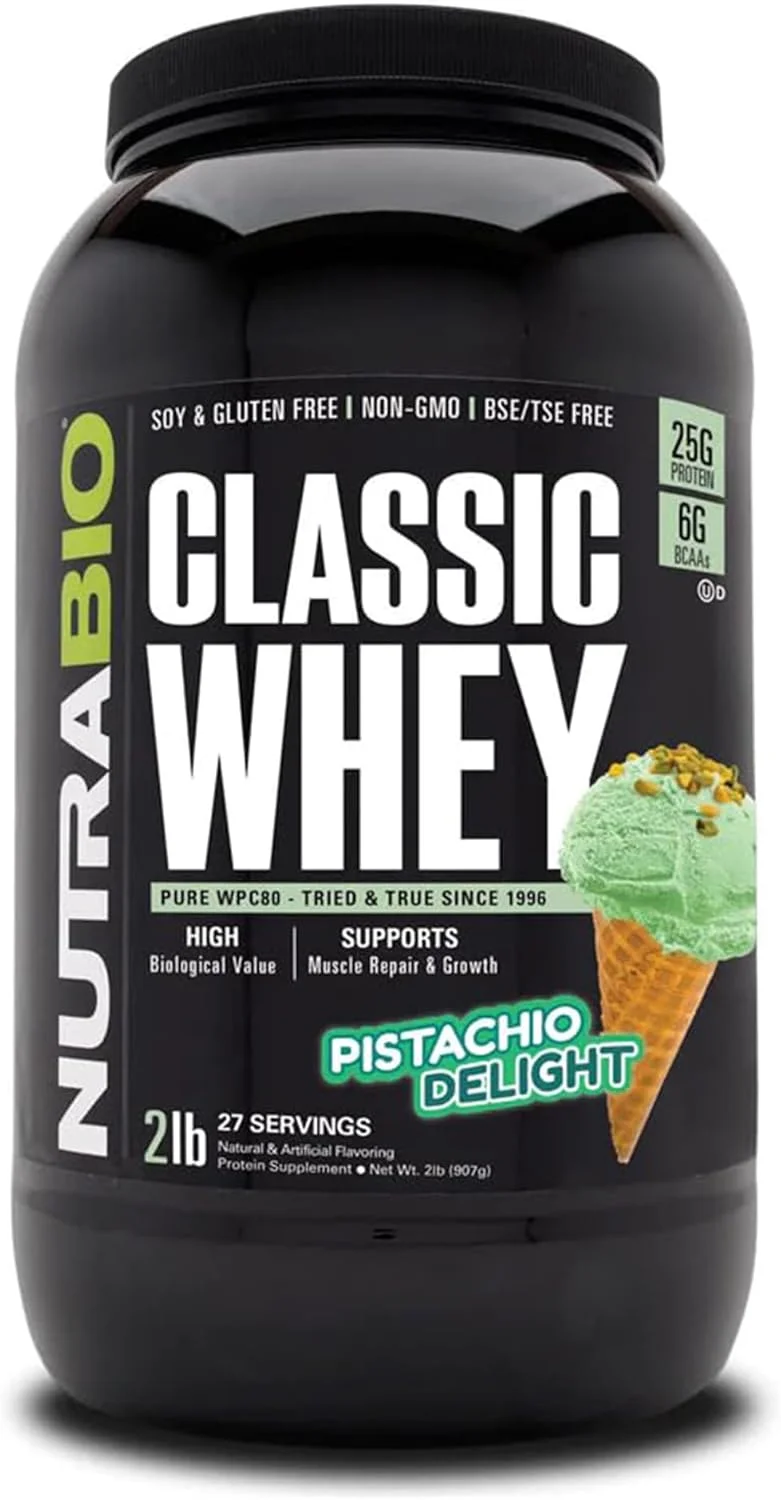 پودر پروتئین وی کلاسیک NutraBio - 25 گرم پروتئین در هر پیمانه - مشخصات کامل اسید آمینه - بدون مواد افزودنی، رنگ های مصنوعی، مواد نگهدارنده - (لذت پسته، 2 پوند)