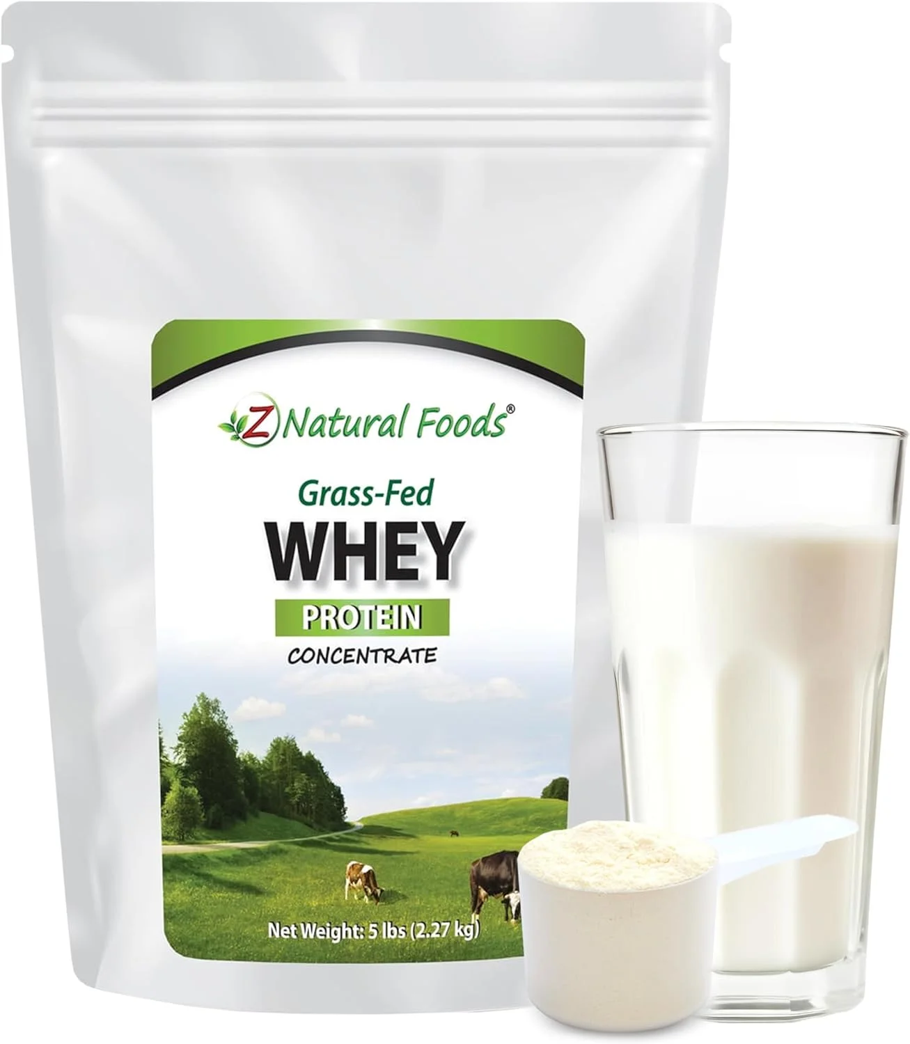 پودر پروتئین وی کنسانتره تغذیه شده با علف Z Natural Foods - پودر پروتئین وی خالص از نیوزلند - پروتئین وی خالص فرآوری شده با سرما با اسیدهای آمینه ضروری برای تغذیه و تناسب اندام، بدون طعم، 5 پوند