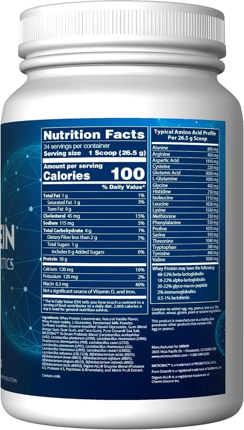پروتئین وی MRM Nutrition | طعم وانیل | 18 گرم پروتئین | حاوی 2 میلیارد پروبیوتیک + آنزیم های گوارشی + BCAA | جذب و هضم بالا | بدون هورمون + آنتی بیوتیک | 33 سروینگ پروتئین وی MRM Nutrition | طعم وانیل | 18 گرم پروتئین | حاوی 2 میلیارد پروبیوتیک + آنزیم های گوارشی + BCAA | جذب و هضم بالا | بدون هورمون + آنتی بیوتیک | 33 سروینگ