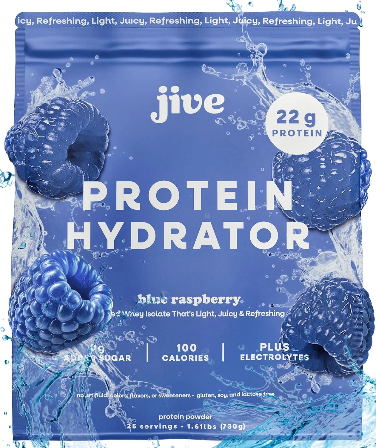 پودر پروتئین شفاف Jive 100% تغذیه شده با علف - 25 سروینگ، 22 گرم پروتئین، 100 کالری و دارای الکترولیت - تمشک آبی - پروتئین وی ایزوله شفاف