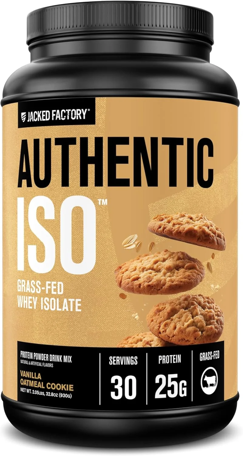 پودر پروتئین وی ایزوله تغذیه شده با علف Jacked Factory Authentic ISO - کم کربوهیدرات، پروتئین عضله ساز غیر GMO بدون مواد افزودنی، به خوبی مخلوط می شود، کوکی جو دوسر وانیلی - 2 پوند، 30 سروینگ
