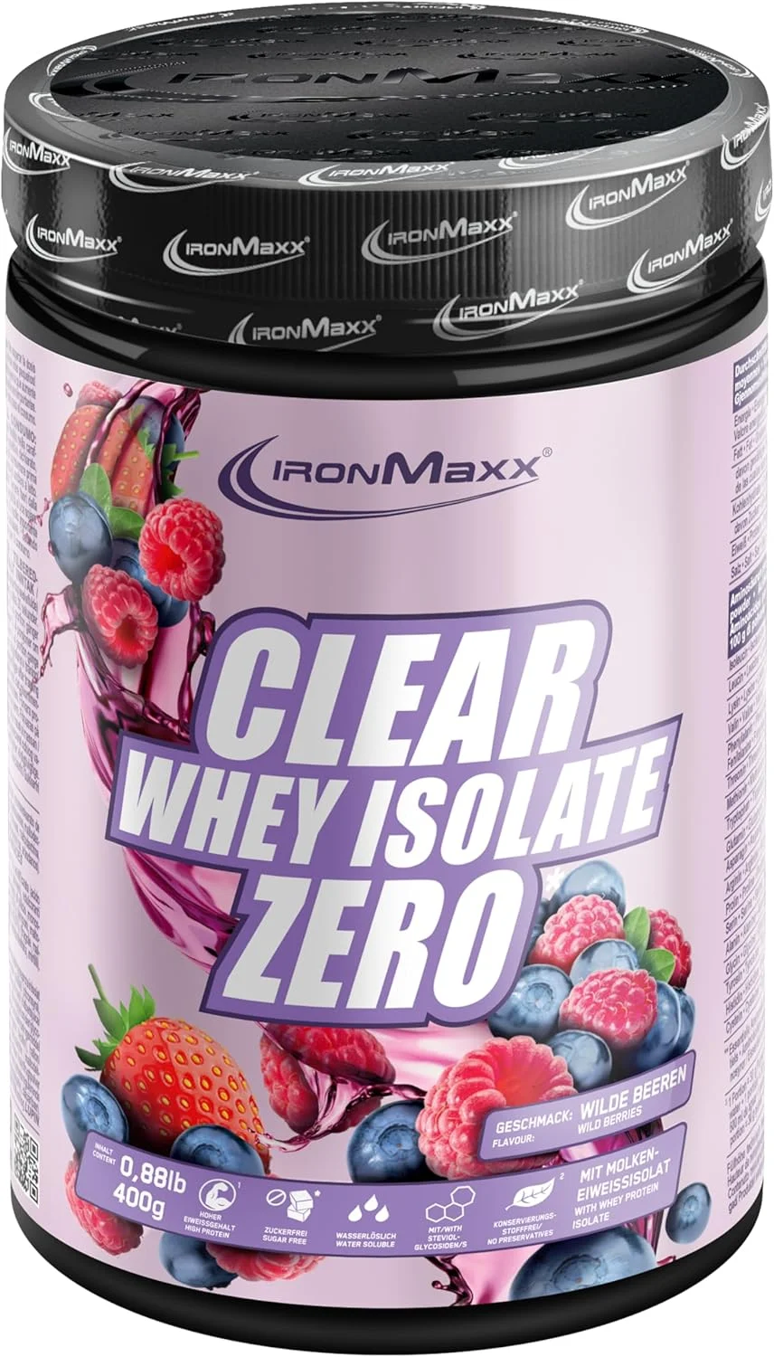 پودر پروتئین وی ایزوله شفاف زیرو IronMaxx، 400 گرم، بدون شکر، 80 گرم پروتئین در هر 100 گرم (400 گرم، توت های وحشی)