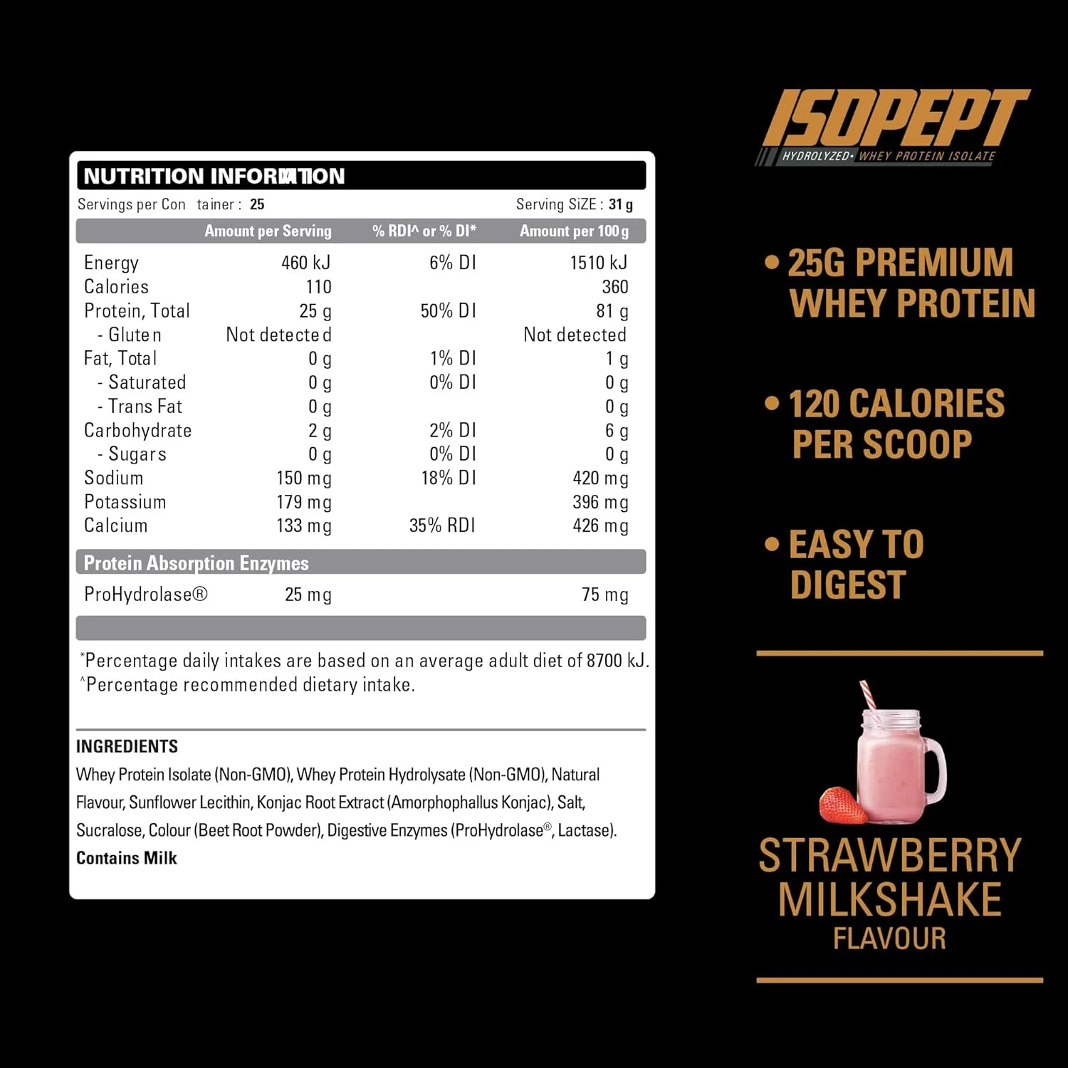 پودر پروتئین وی هیدرولیز شده IsoPept از EHPlabs - 100% پروتئین وی ایزوله و هیدرولیز شده، 27 گرم پروتئین، غیر GMO، بدون گلوتن، جذب سریع، هضم آسان، 27 سروینگ (میلک شیک توت فرنگی)