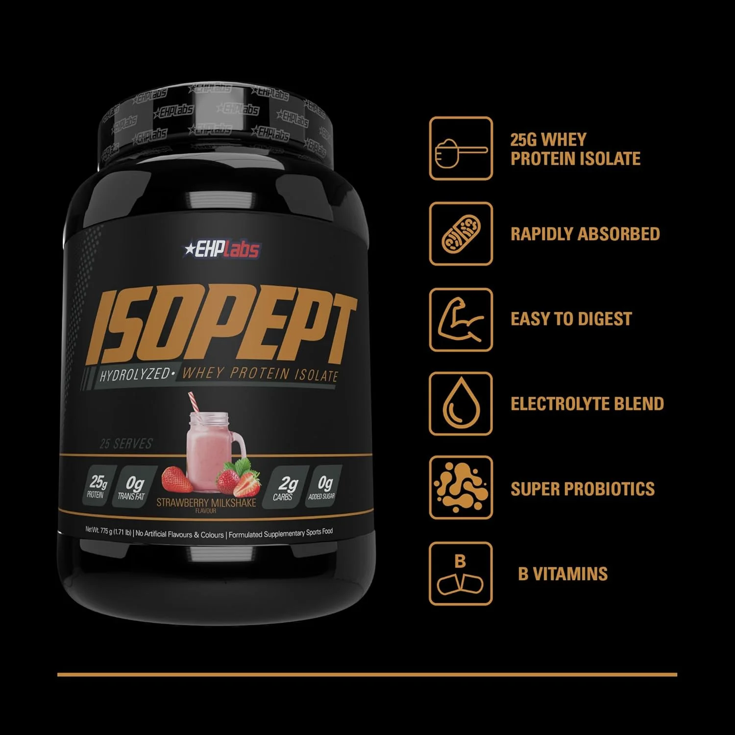 پودر پروتئین وی هیدرولیز شده IsoPept از EHPlabs - 100% پروتئین وی ایزوله و هیدرولیز شده، 27 گرم پروتئین، غیر GMO، بدون گلوتن، جذب سریع، هضم آسان، 27 سروینگ (میلک شیک توت فرنگی)