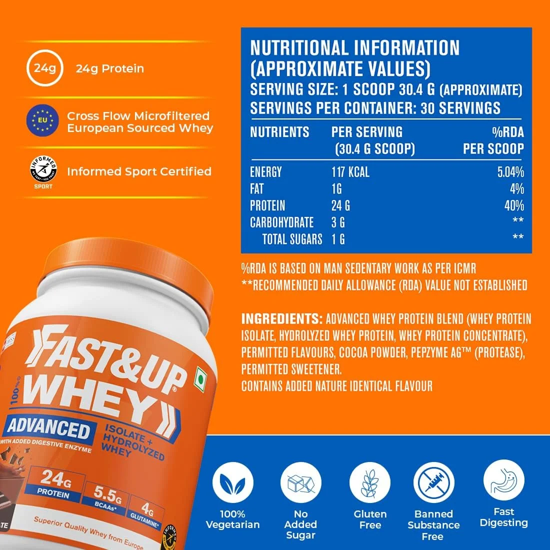 پروتئین وی ایزوله و هیدرولیزه 100% Fast&Up (شکلات غنی، 30 سروینگ) - 24 گرم پروتئین، 5.5 گرم BCAA، 4 گرم گلوتامین (2.01 پوند، 912 گرم) پروتئین وی ایزوله و هیدرولیزه 100% Fast&Up (شکلات غنی، 30 سروینگ) - 24 گرم پروتئین، 5.5 گرم BCAA، 4 گرم گلوتامین (2.01 پوند، 912 گرم)