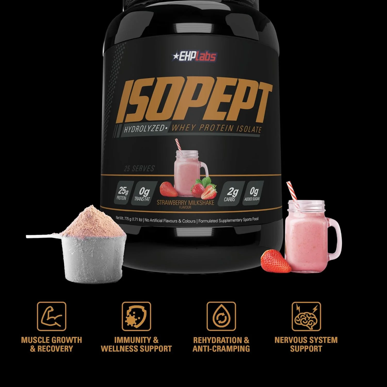 پودر پروتئین وی هیدرولیز شده IsoPept از EHPlabs - 100% پروتئین وی ایزوله و هیدرولیز شده، 27 گرم پروتئین، غیر GMO، بدون گلوتن، جذب سریع، هضم آسان، 27 سروینگ (میلک شیک توت فرنگی)