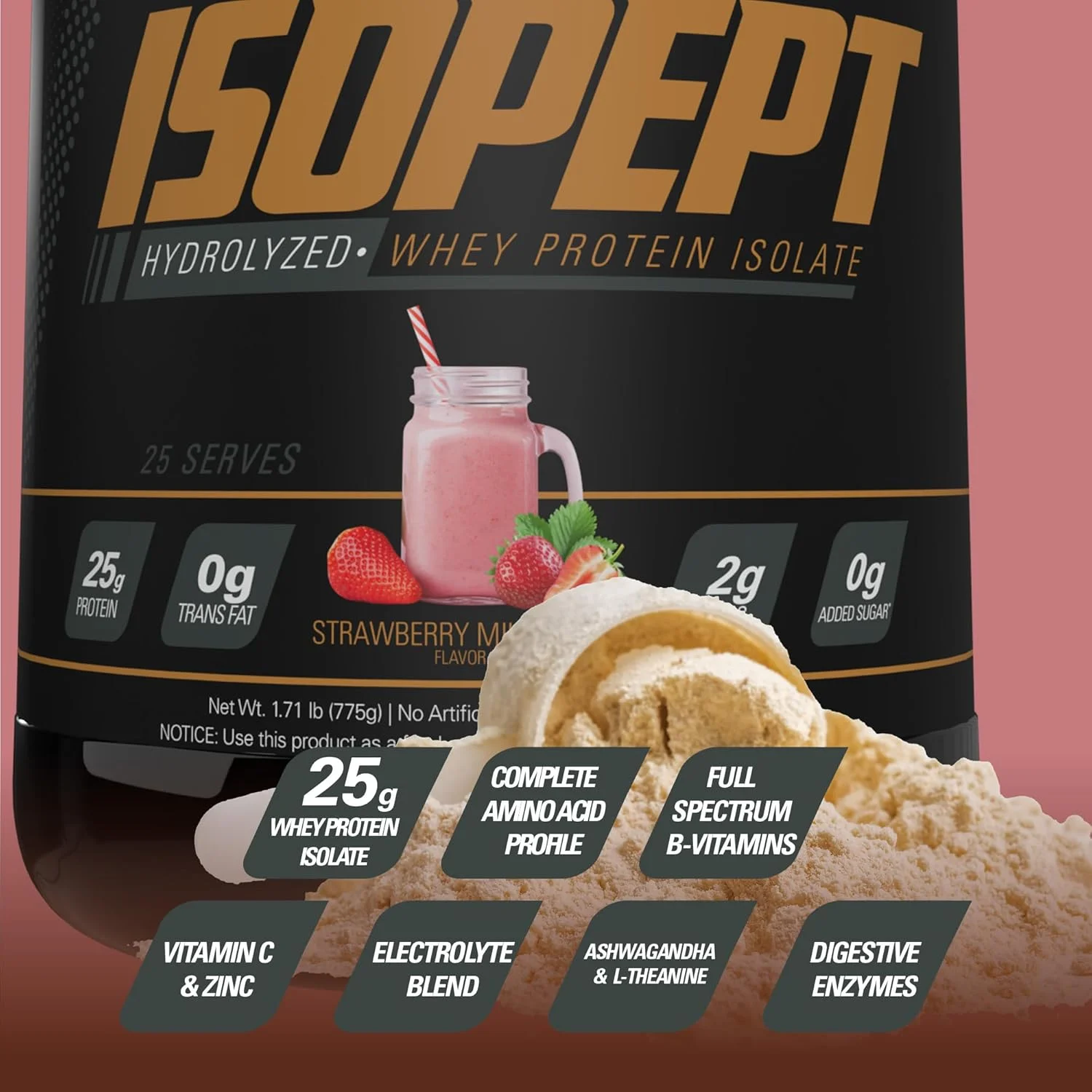 پودر پروتئین وی هیدرولیز شده IsoPept از EHPlabs - 100% پروتئین وی ایزوله و هیدرولیز شده، 27 گرم پروتئین، غیر GMO، بدون گلوتن، جذب سریع، هضم آسان، 27 سروینگ (میلک شیک توت فرنگی)