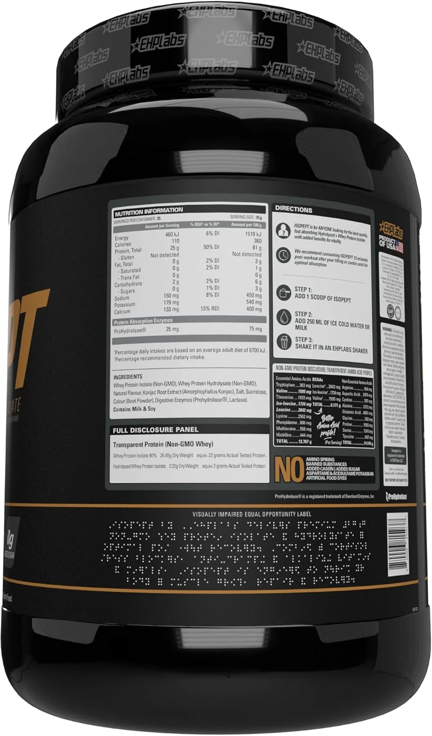 پودر پروتئین وی هیدرولیز شده IsoPept از EHPlabs - 100% پروتئین وی ایزوله و هیدرولیز شده، 27 گرم پروتئین، غیر GMO، بدون گلوتن، جذب سریع، هضم آسان، 27 سروینگ (میلک شیک توت فرنگی)