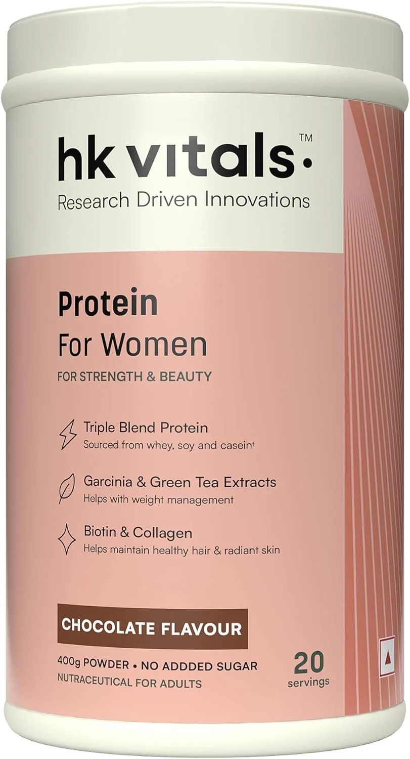HealthKart HK Vitals ProteinUp Women، پروتئین سویا و وی برای قدرت، کلاژن برای درخشندگی پوست، ویتامین C، E و بیوتین برای رشد مو، گارسینیا برای مدیریت وزن (شکلاتی، 400 گرم / 0.88 پوند)