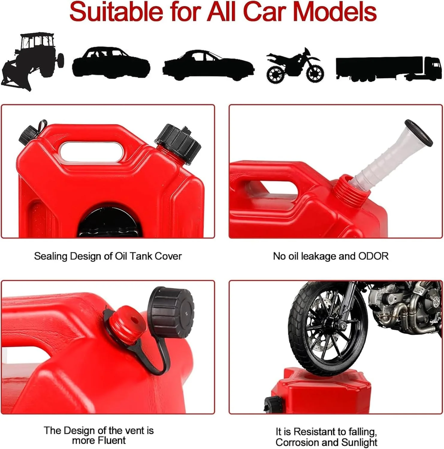 مخزن بنزین قرمز 5 لیتری فروشگاه سفید با ظرفیت 1.3 گالن، مخزن پشتیبان اضطراری بنزین، نفت، بنزین با براکت نصب مناسب برای موتورسیکلت، SUV، ATV، آفرود، اکثر خودروها (رنگ: قرمز)