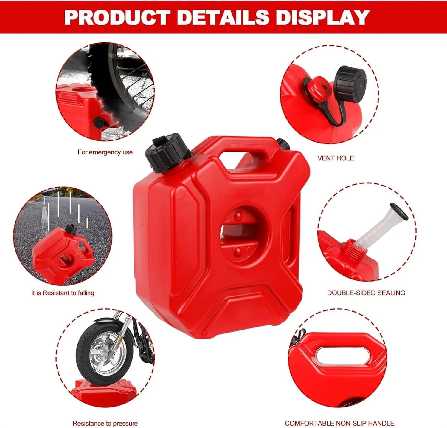 مخزن بنزین قرمز 5 لیتری فروشگاه سفید با ظرفیت 1.3 گالن، مخزن پشتیبان اضطراری بنزین، نفت، بنزین با براکت نصب مناسب برای موتورسیکلت، SUV، ATV، آفرود، اکثر خودروها (رنگ: قرمز)