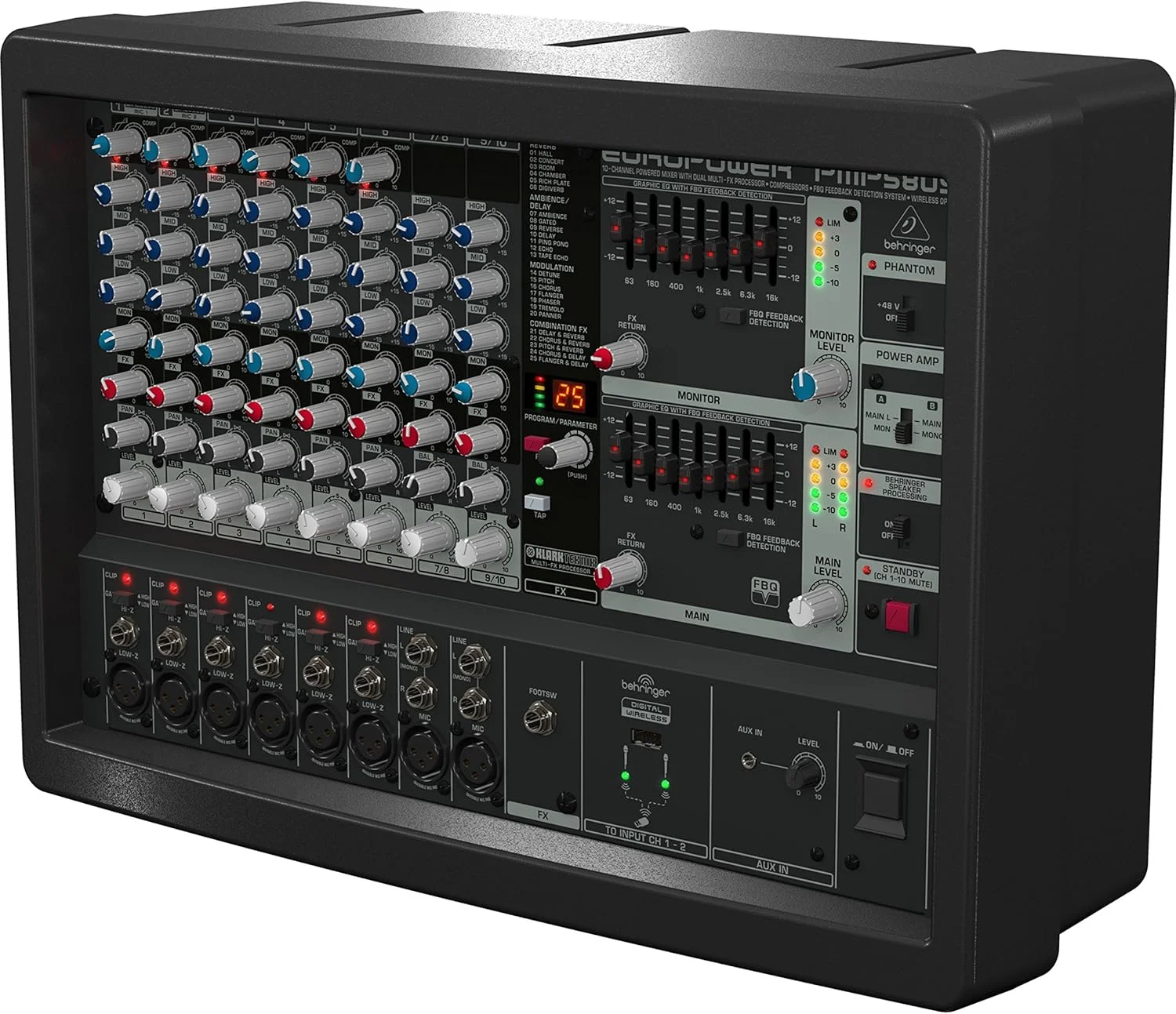 میکسر پاور دار 10 کانال 500 واتی Behringer PMP580S با پردازنده Multi-FX Klark Teknik، کمپرسورها، سیستم تشخیص فیدبک FBQ و گزینه بی سیم