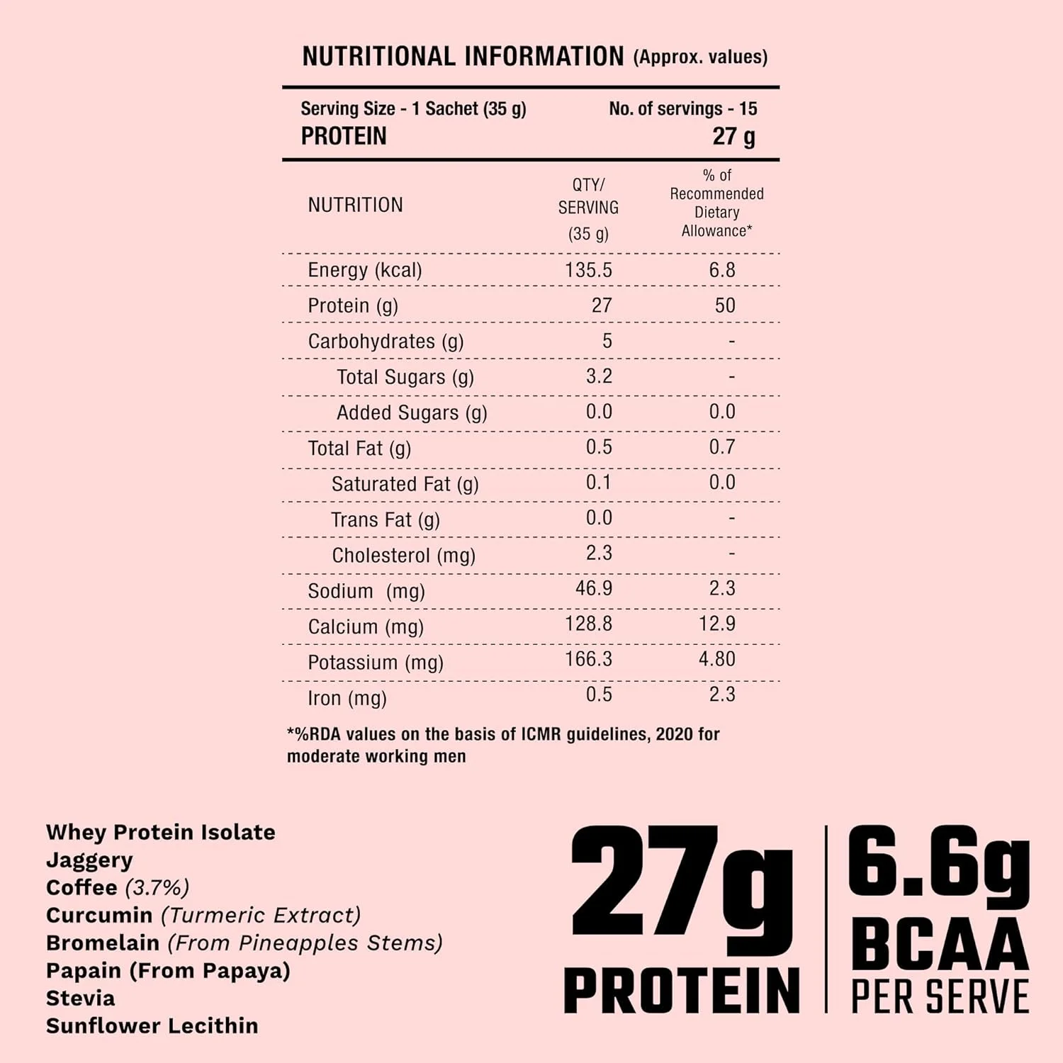 پروتئین وی ایزوله فوداسترانگ، 100% وی بدون هورمون تغذیه شده با علف، 27 گرم پروتئین و 6.6 گرم BCAA، قهوه، با زردچوبه و آنزیم های گوارشی، 15 ساشه، 525 گرم
