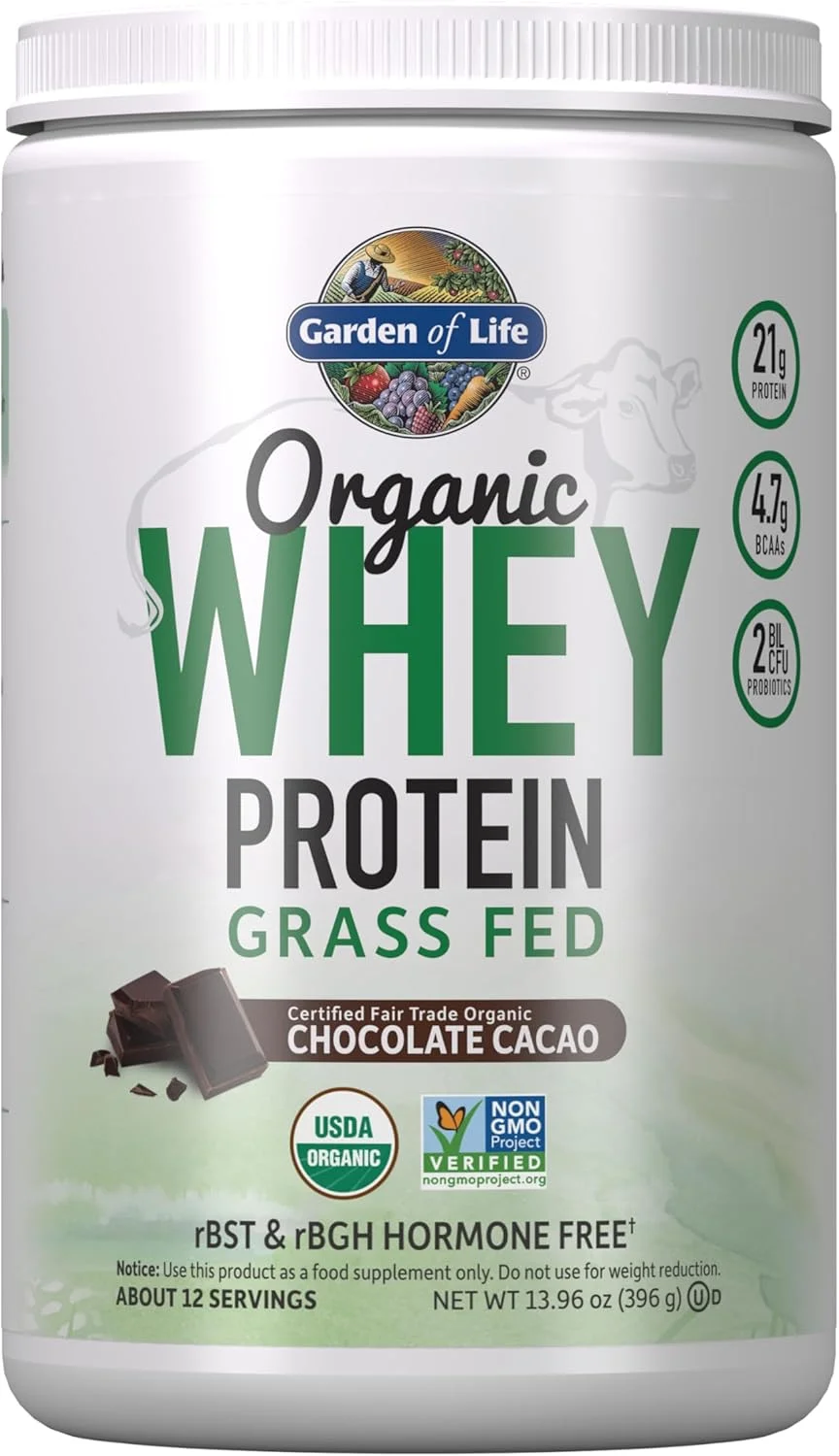 پودر پروتئین وی Garden of Life با طعم شکلات کاکائو - 21 گرم پروتئین تایید شده ارگانیک از گاوهای تغذیه شده با علف برای زنان و مردان + پروبیوتیک - 12 سروینگ - بدون گلوتن، کوشر، انسانی، بدون هورمون RBST و rBGH