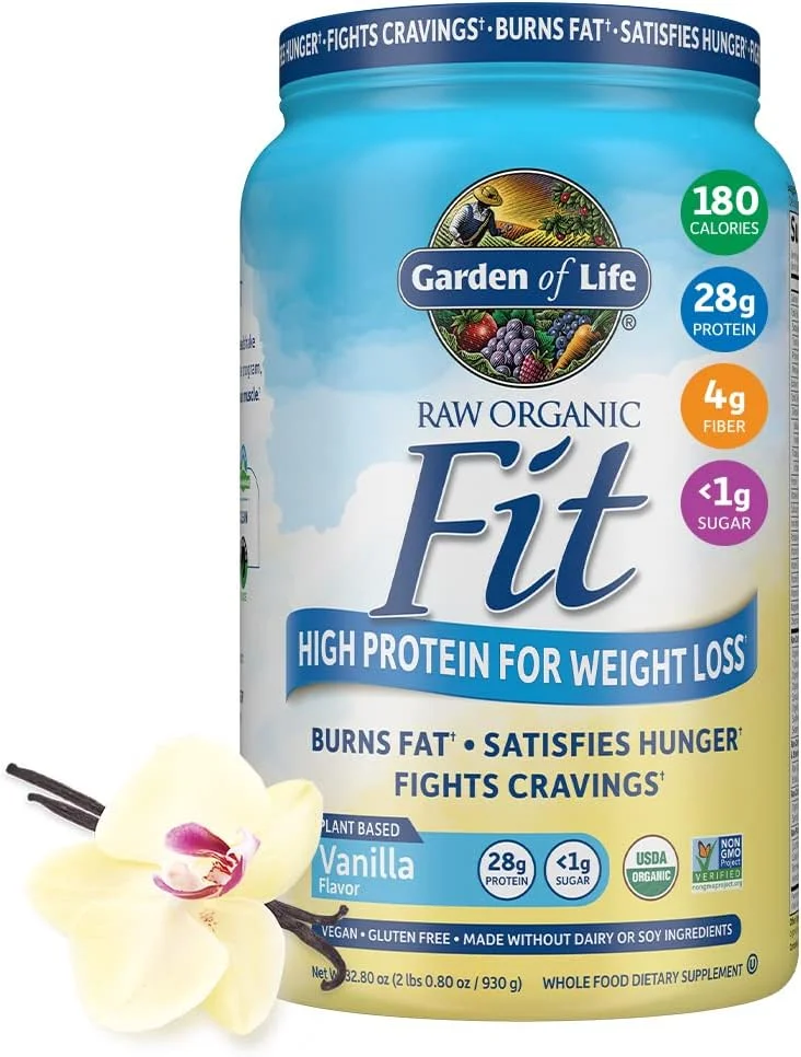 پودر پروتئین ارگانیک خام Garden of Life، وانیلی - پروتئین بالا برای کاهش وزن (28 گرم) به همراه فیبر، پروبیوتیک و سوتول، شیک تغذیه ای وگان ارگانیک و غیر GMO، 20 سروینگ