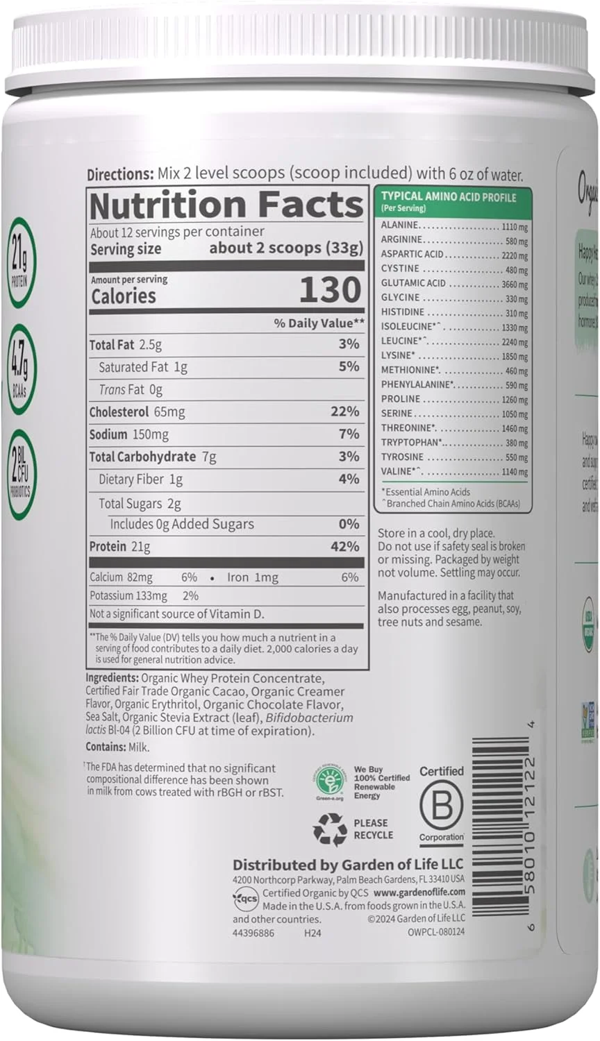 پودر پروتئین وی Garden of Life با طعم شکلات کاکائو - 21 گرم پروتئین تایید شده ارگانیک از گاوهای تغذیه شده با علف برای زنان و مردان + پروبیوتیک - 12 سروینگ - بدون گلوتن، کوشر، انسانی، بدون هورمون RBST و rBGH