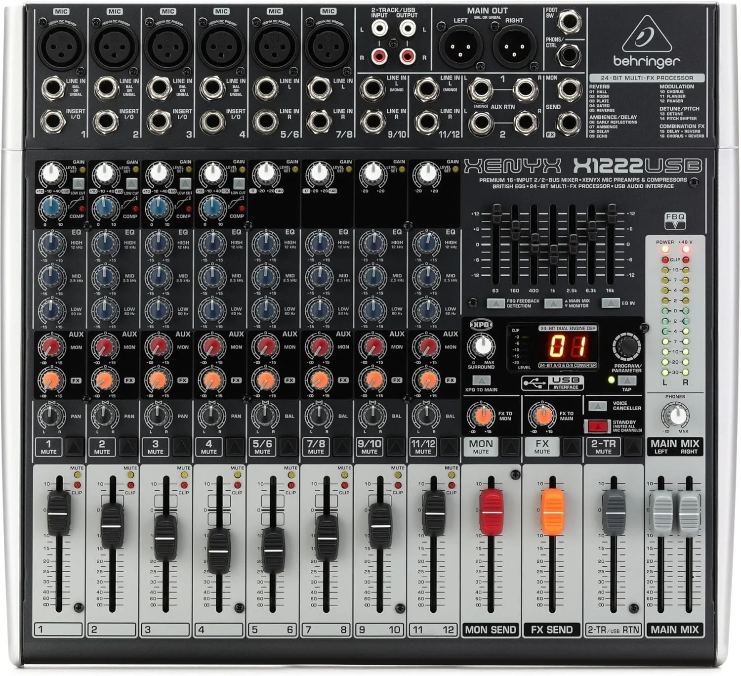 میکسر 16 کانال Behringer Xenyx X1222USB Premium با رابط USB/Audio، مشکی