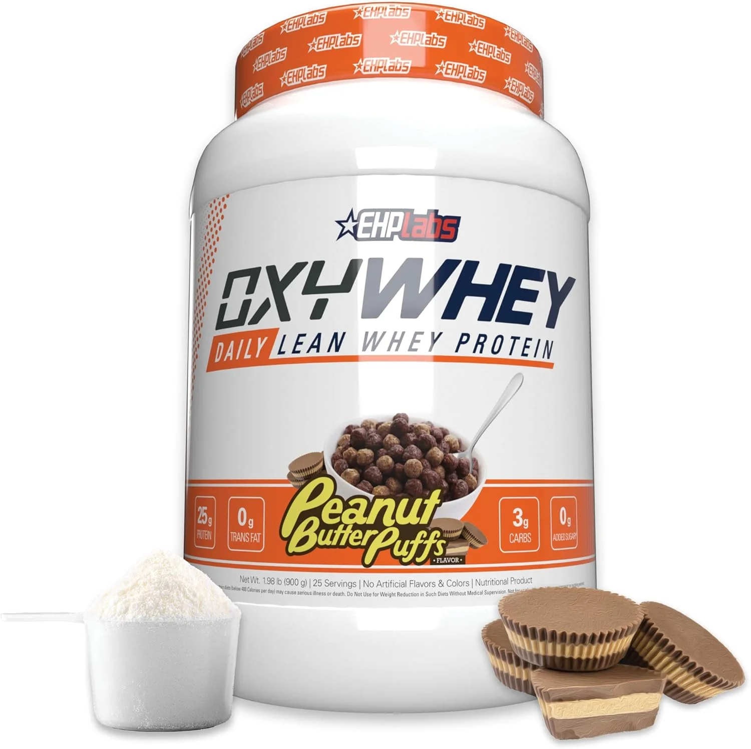 پودر پروتئین وی ایزوله OxyWhey ای اچ پی لبز - 25 گرم پودر پروتئین وی ایزوله، شیک جایگزین وعده غذایی، پودر پروتئین بدون شکر - 25 سروینگ (پفک کره بادام زمینی)