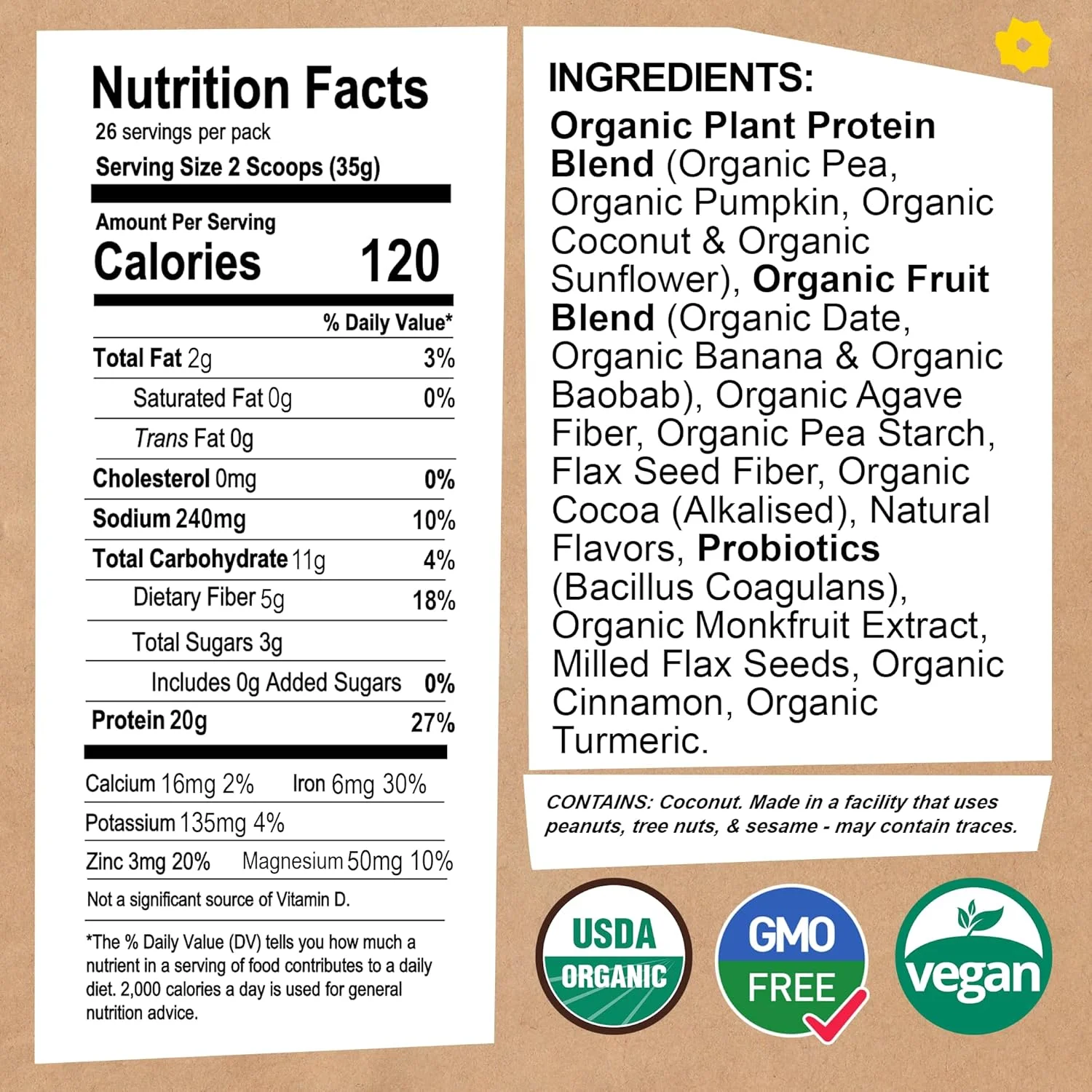 پودر پروتئین وگان ارگانیک EarthChimp - حاوی پروبیوتیک - غیر GMO، بدون لبنیات، بدون آب پنیر، پودر پروتئین گیاهی برای زنان و مردان، بدون گلوتن - 26 سروینگ 907 گرم (وانیلی) بدون پیمانه