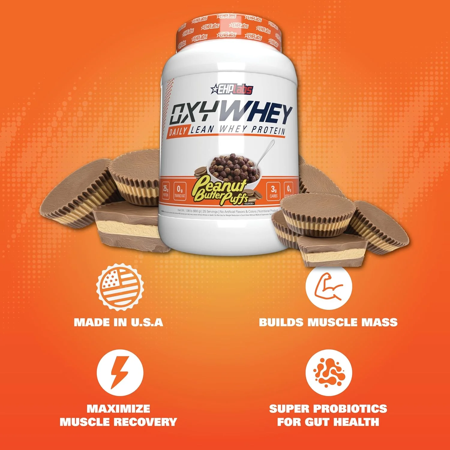 پودر پروتئین وی ایزوله OxyWhey ای اچ پی لبز - 25 گرم پودر پروتئین وی ایزوله، شیک جایگزین وعده غذایی، پودر پروتئین بدون شکر - 25 سروینگ (پفک کره بادام زمینی)