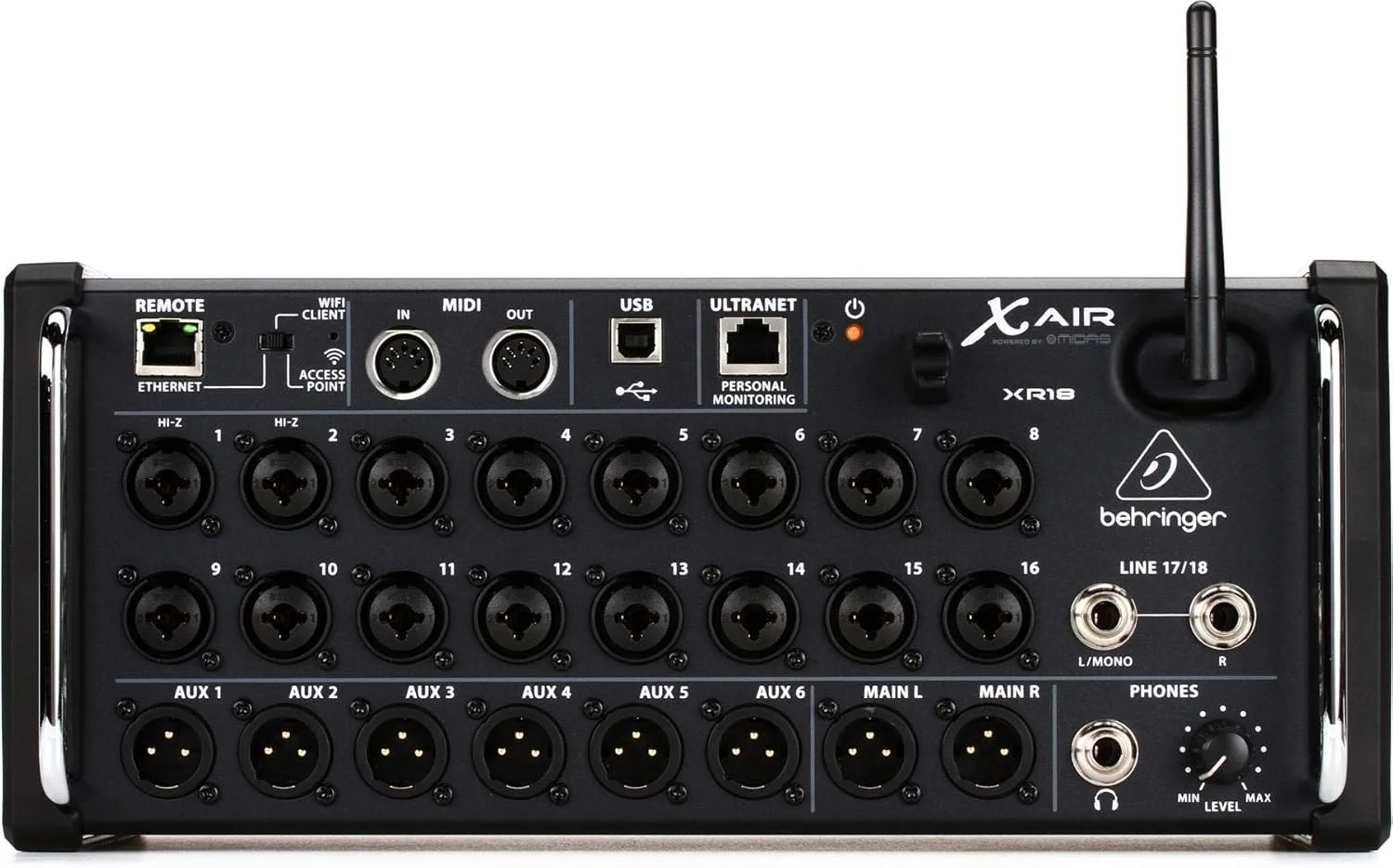 میکسر دیجیتال 18 کاناله و 12 باس Behringer XR18 برای تبلت های iPad/Android با 16 پری امپ Midas قابل برنامه ریزی، ماژول Wifi یکپارچه و رابط صوتی USB چند کاناله