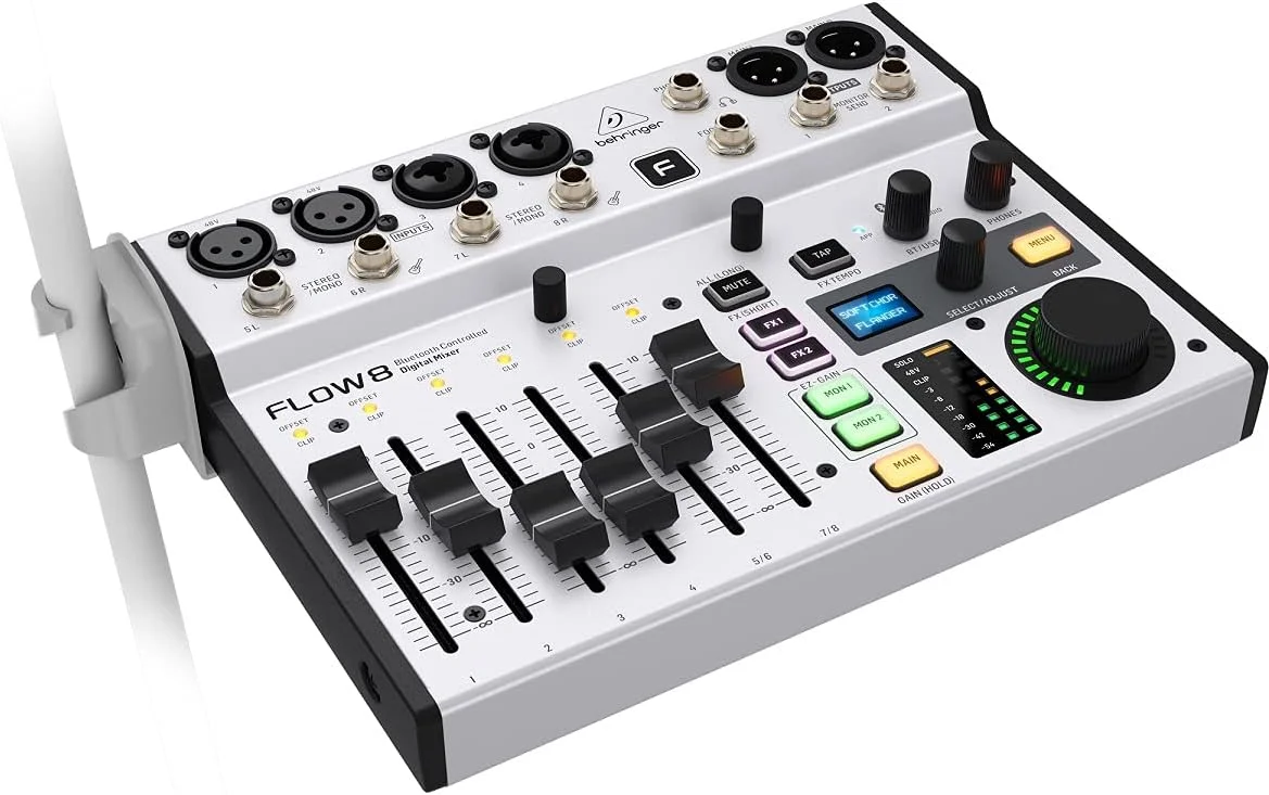 میکسر دیجیتال 8 کاناله Behringer Flow 8 با بلوتوث صوتی و کنترل برنامه، فیدرهای کانال 60 میلی متری، 2 پردازنده FX و رابط USB/Audio میکسر دیجیتال 8 کاناله Behringer Flow 8 با بلوتوث صوتی و کنترل برنامه، فیدرهای کانال 60 میلی متری، 2 پردازنده FX و رابط USB/Audio
