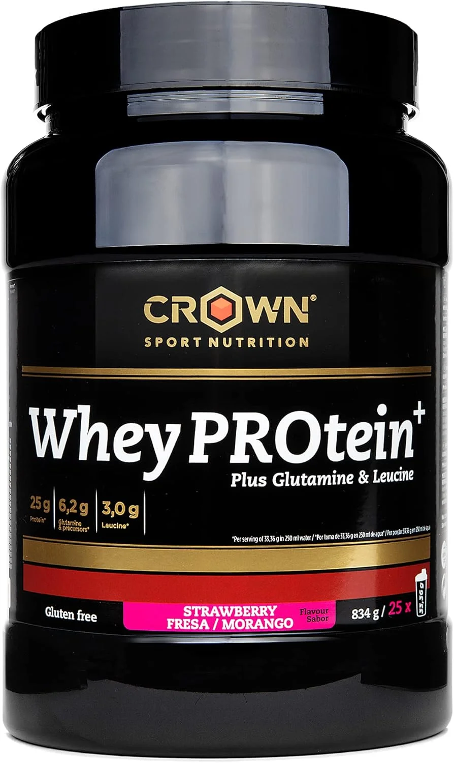 Crown Sport Nutrition Whey PROtein+ - کنسانتره پروتئین وی با آمینو اسیدهای لوسین و گلوتامین دارای گواهینامه ضد دوپینگ Informed Sport (834 گرم، توت فرنگی)