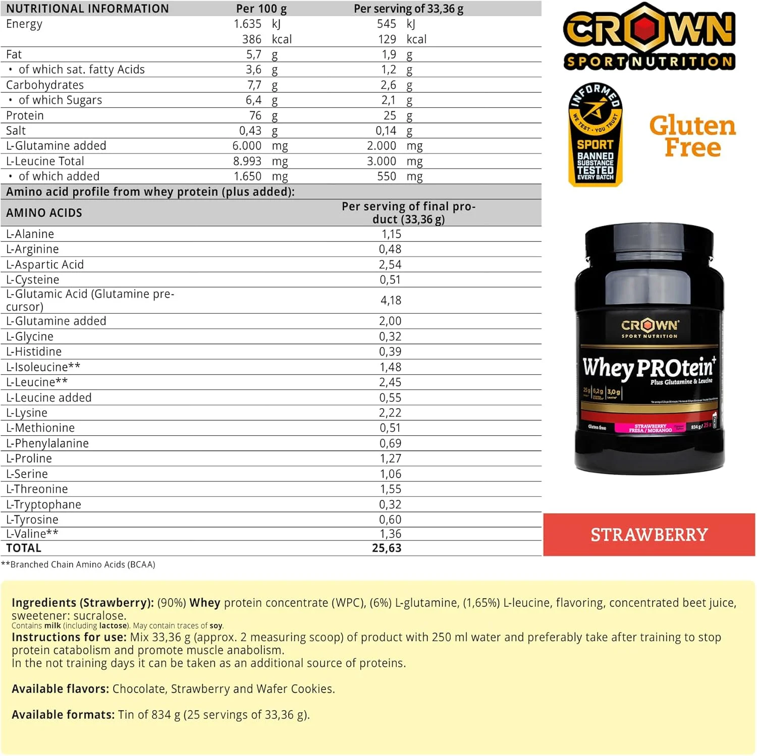 Crown Sport Nutrition Whey PROtein+ - کنسانتره پروتئین وی با آمینو اسیدهای لوسین و گلوتامین دارای گواهینامه ضد دوپینگ Informed Sport (834 گرم، توت فرنگی) Crown Sport Nutrition Whey PROtein+ - کنسانتره پروتئین وی با آمینو اسیدهای لوسین و گلوتامین دارای گواهینامه ضد دوپینگ Informed Sport (834 گرم، توت فرنگی)