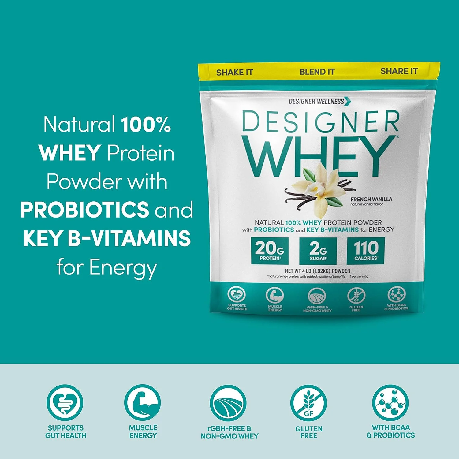 Designer Wellness، Designer Whey، پودر پروتئین وی طبیعی با پروبیوتیک، فیبر و ویتامینهای B ضروری برای انرژی، بدون گلوتن، وانیل فرانسوی، 2 پوند Designer Wellness، Designer Whey، پودر پروتئین وی طبیعی با پروبیوتیک، فیبر و ویتامینهای B ضروری برای انرژی، بدون گلوتن، وانیل فرانسوی، 2 پوند