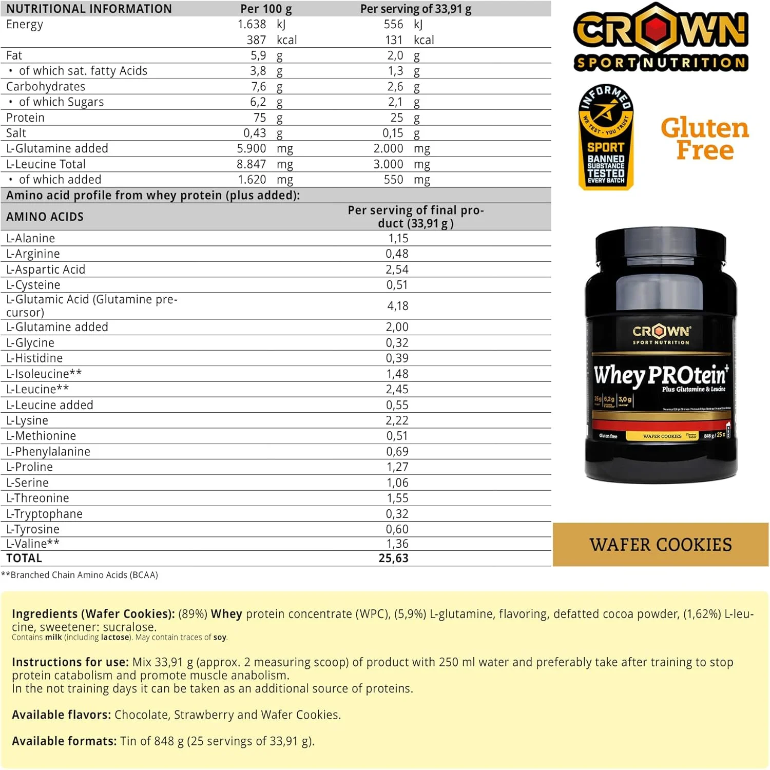 Crown Sport Nutrition Whey PROtein+ - کنسانتره پروتئین وی با آمینو اسیدهای لوسین و گلوتامین دارای گواهی ضد دوپینگ Informed Sport (848 گرم، ویفر کوکی) Crown Sport Nutrition Whey PROtein+ - کنسانتره پروتئین وی با آمینو اسیدهای لوسین و گلوتامین دارای گواهی ضد دوپینگ Informed Sport (848 گرم، ویفر کوکی)
