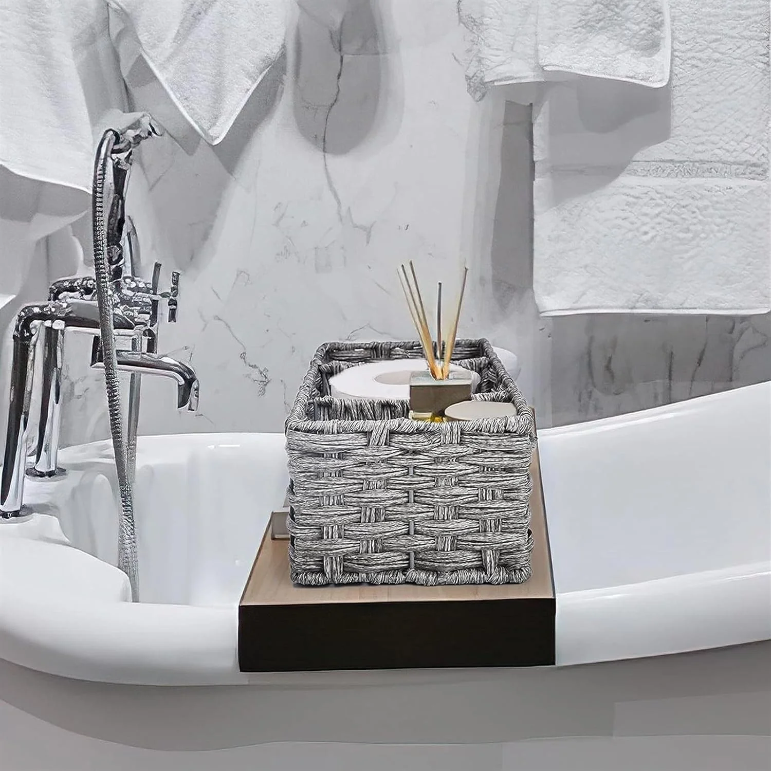 THE WHITE SHOP ست 2 عددی نظم دهنده توالت حمام، سبد ذخیره سازی پشت توالت، سبد ذخیره سازی ضد آب برای مخزن توالت، سبد نظم دهنده حمام 3 قسمتی، خاکستری