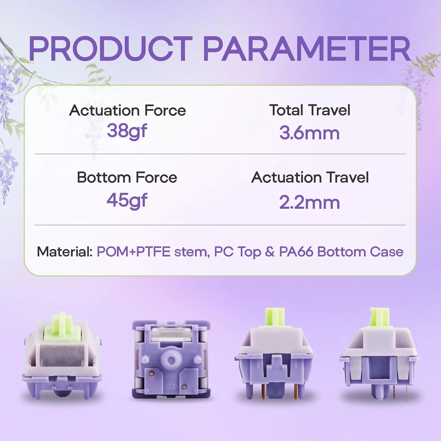 ست سوییچ کیبورد خطی EPOMAKER Wisteria V2 با نیروی 38gf، دارای پخش کننده نور، از پیش روغن کاری شده، سوییچ کرمی 5 پین، 35 عدد برای کیبوردهای گیمینگ مکانیکی