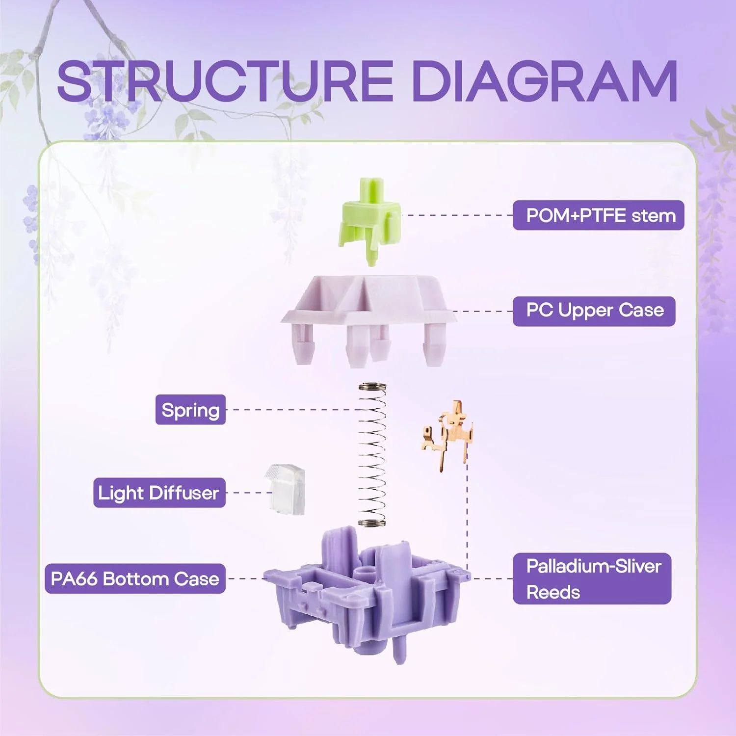 ست سوییچ کیبورد خطی EPOMAKER Wisteria V2 با نیروی 38gf، دارای پخش کننده نور، از پیش روغن کاری شده، سوییچ کرمی 5 پین، 35 عدد برای کیبوردهای گیمینگ مکانیکی