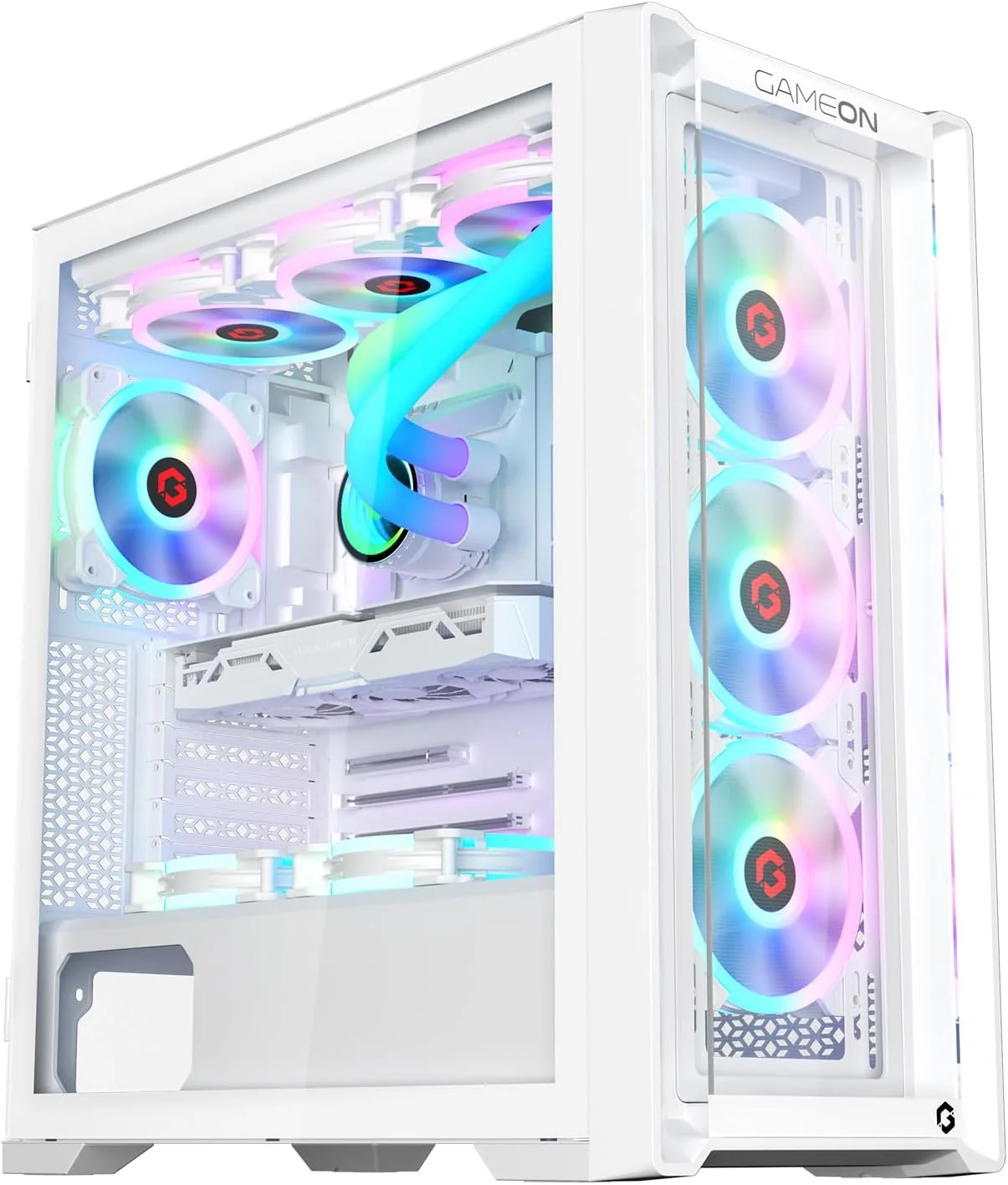 کیس گیمینگ مید تاور GAMEON Vortex Arctic Series، نورپردازی 120mm ARGB+PWM، شیشه حرارت دیده 0.8mm، فن های خنک کننده از پیش نصب شده، فیلترهای گرد و غبار، سازگاری گسترده با مادربرد، سفید