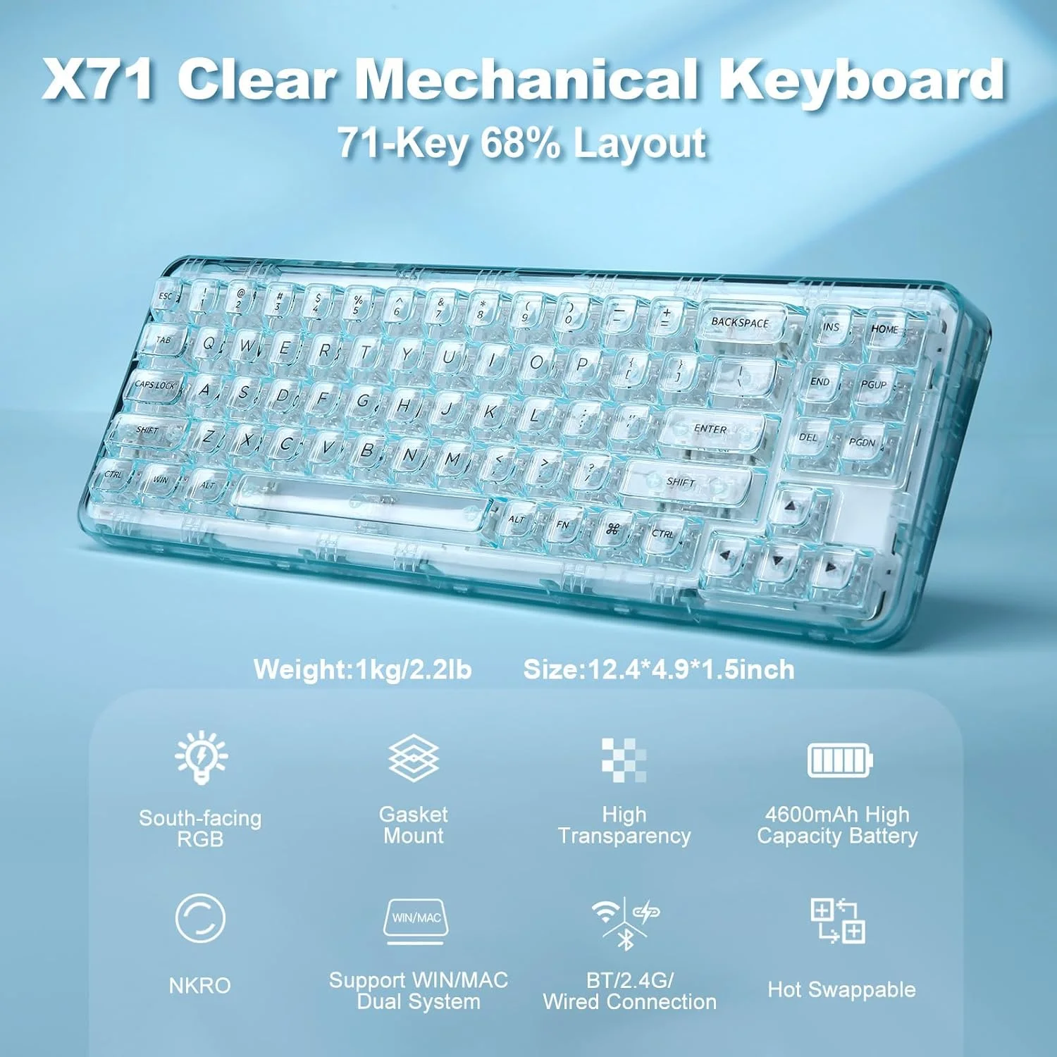 کیبورد مکانیکی شفاف YUNZII X71 با کلیدهای شفاف، کیبورد گیمینگ بیسیم BT5.0/2.4G/USB-C با طرحبندی 68% و نورپردازی RGB، مناسب برای ویندوز/مک (سوییچ Crystal Ice، فیروزهای) کیبورد مکانیکی شفاف YUNZII X71 با کلیدهای شفاف، کیبورد گیمینگ بیسیم BT5.0/2.4G/USB-C با طرحبندی 68% و نورپردازی RGB، مناسب برای ویندوز/مک (سوییچ Crystal Ice، فیروزهای)