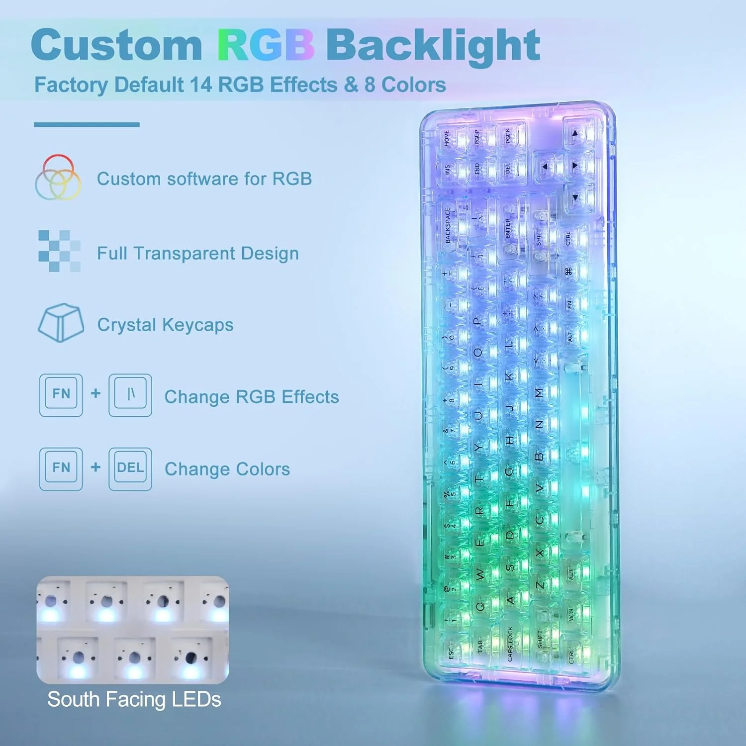 کیبورد مکانیکی شفاف YUNZII X71 با کلیدهای شفاف، کیبورد گیمینگ بیسیم BT5.0/2.4G/USB-C با طرحبندی 68% و نورپردازی RGB، مناسب برای ویندوز/مک (سوییچ Crystal Ice، فیروزهای) کیبورد مکانیکی شفاف YUNZII X71 با کلیدهای شفاف، کیبورد گیمینگ بیسیم BT5.0/2.4G/USB-C با طرحبندی 68% و نورپردازی RGB، مناسب برای ویندوز/مک (سوییچ Crystal Ice، فیروزهای)