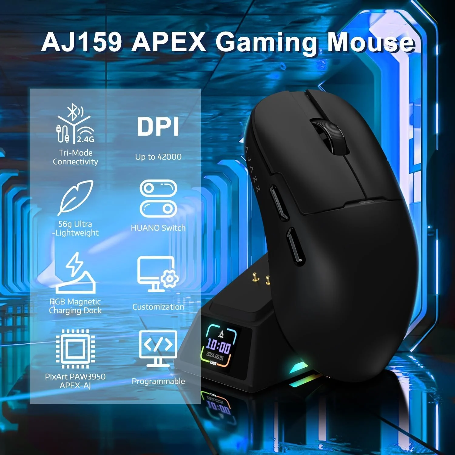 موس گیمینگ بیسیم فوق سبک A.JAZZ AJ159APEX 8Khz با وزن 56 گرم، داک شارژ مغناطیسی با صفحه نمایش، سنسور 42000DPI PAW3950، سه حالت اتصال BT/2.4Ghz/Type-c، قابل برنامهریزی برای گیمرهای Esport FPS PC Mac (مشکی) موس گیمینگ بیسیم فوق سبک A.JAZZ AJ159APEX 8Khz با وزن 56 گرم، داک شارژ مغناطیسی با صفحه نمایش، سنسور 42000DPI PAW3950، سه حالت اتصال BT/2.4Ghz/Type-c، قابل برنامهریزی برای گیمرهای Esport FPS PC Mac (مشکی)